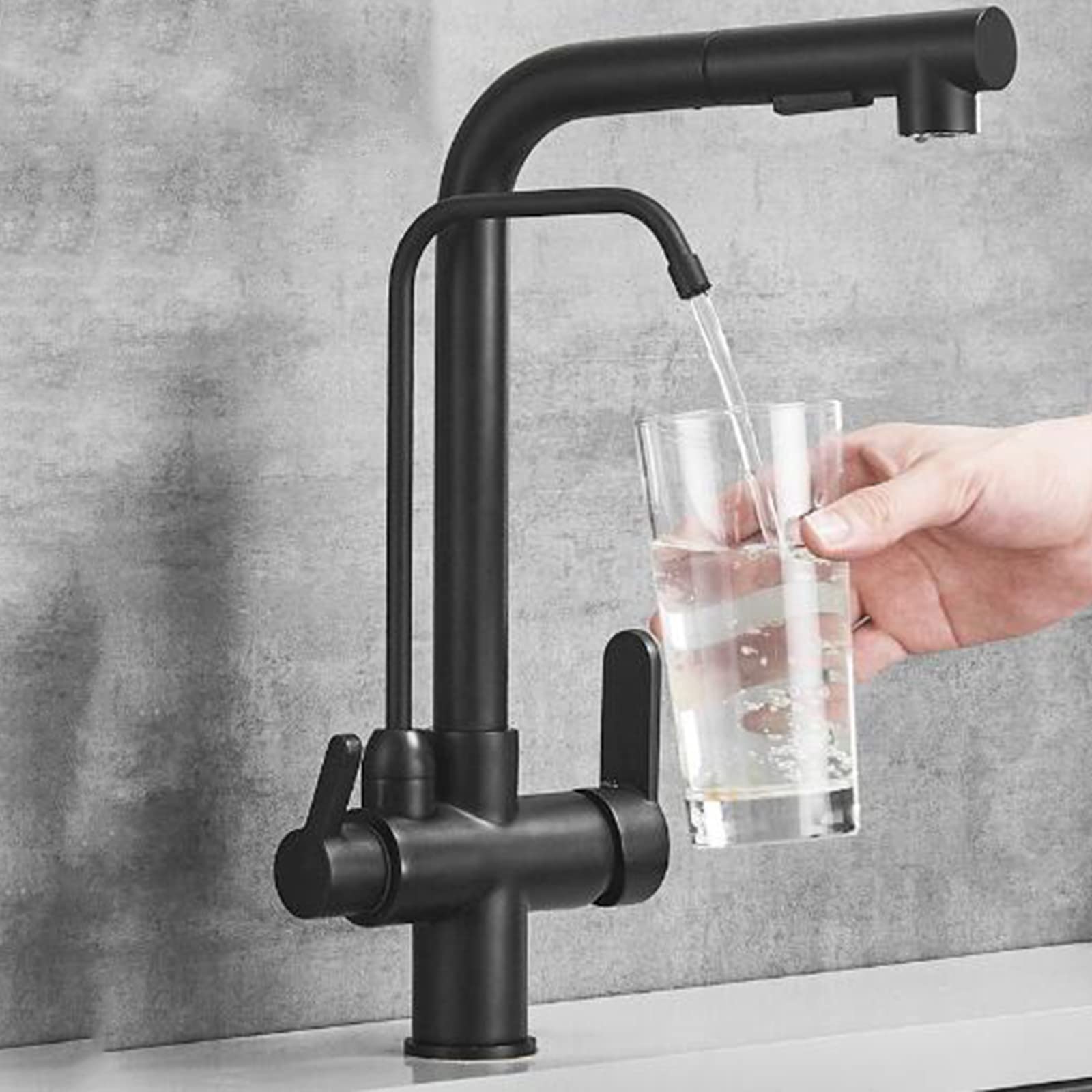 Robinet de Cuisine à 3 Voies avec douchette extractible, évier pivotant en Laiton Noir