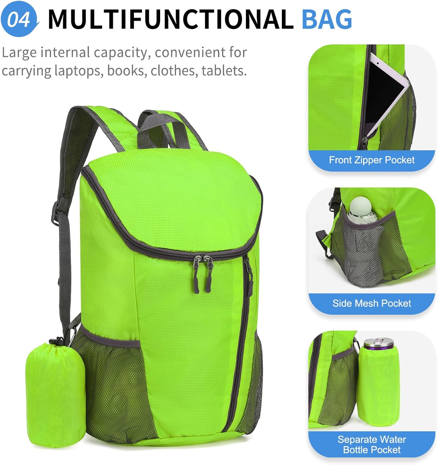 Hiking Backpack, 20L Packable Daypack for Men Women, Nylon with Adjustable Straps, Lightweight Waterproof Outdoor Camping Travel, Green - Image 6