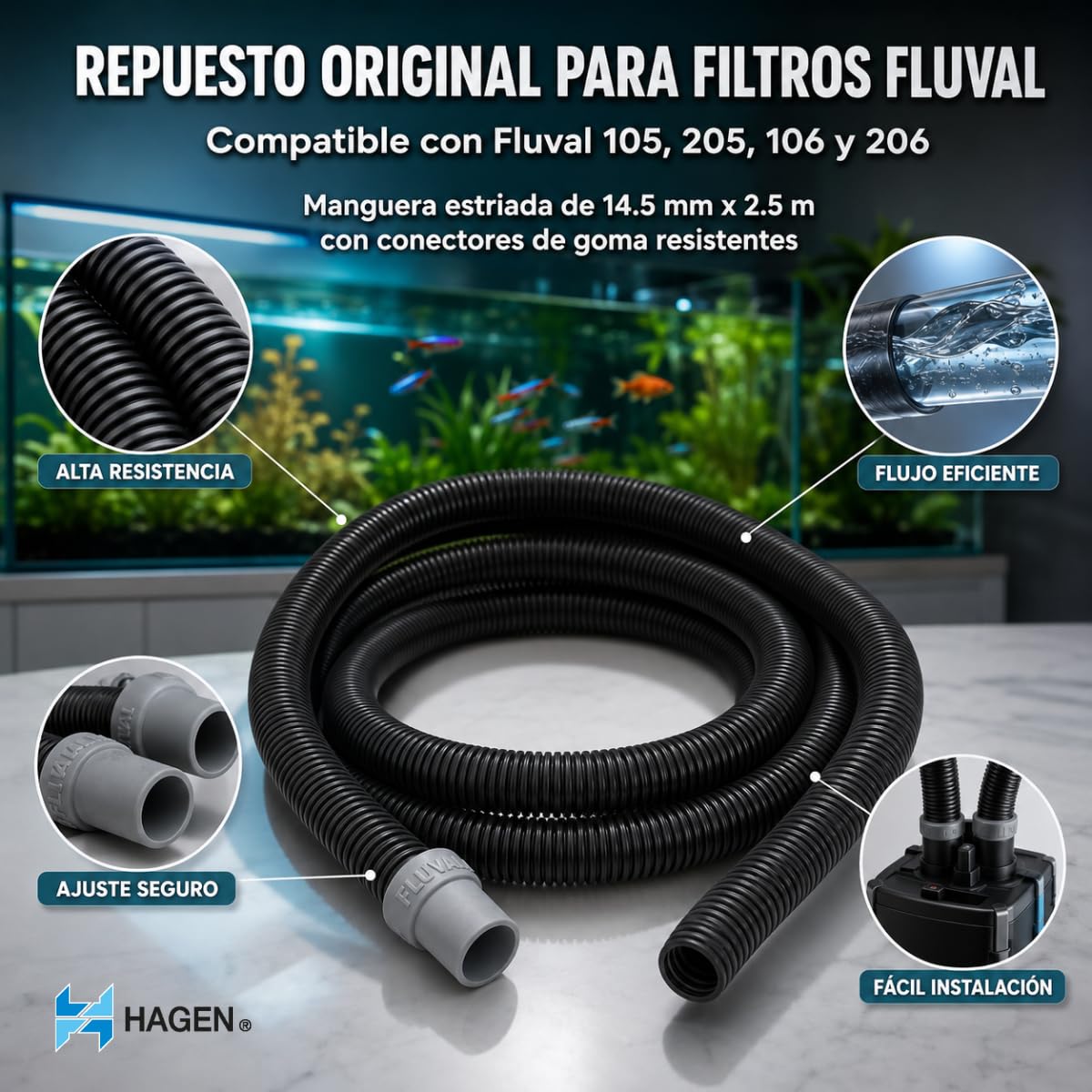 Fluval Żłobiony wąż zamienny 2,5 m, średnica 24/28 mm do filtrów zewnętrznych Fluval 104, 204, 105, 205, 106 i 206, czarny/szary