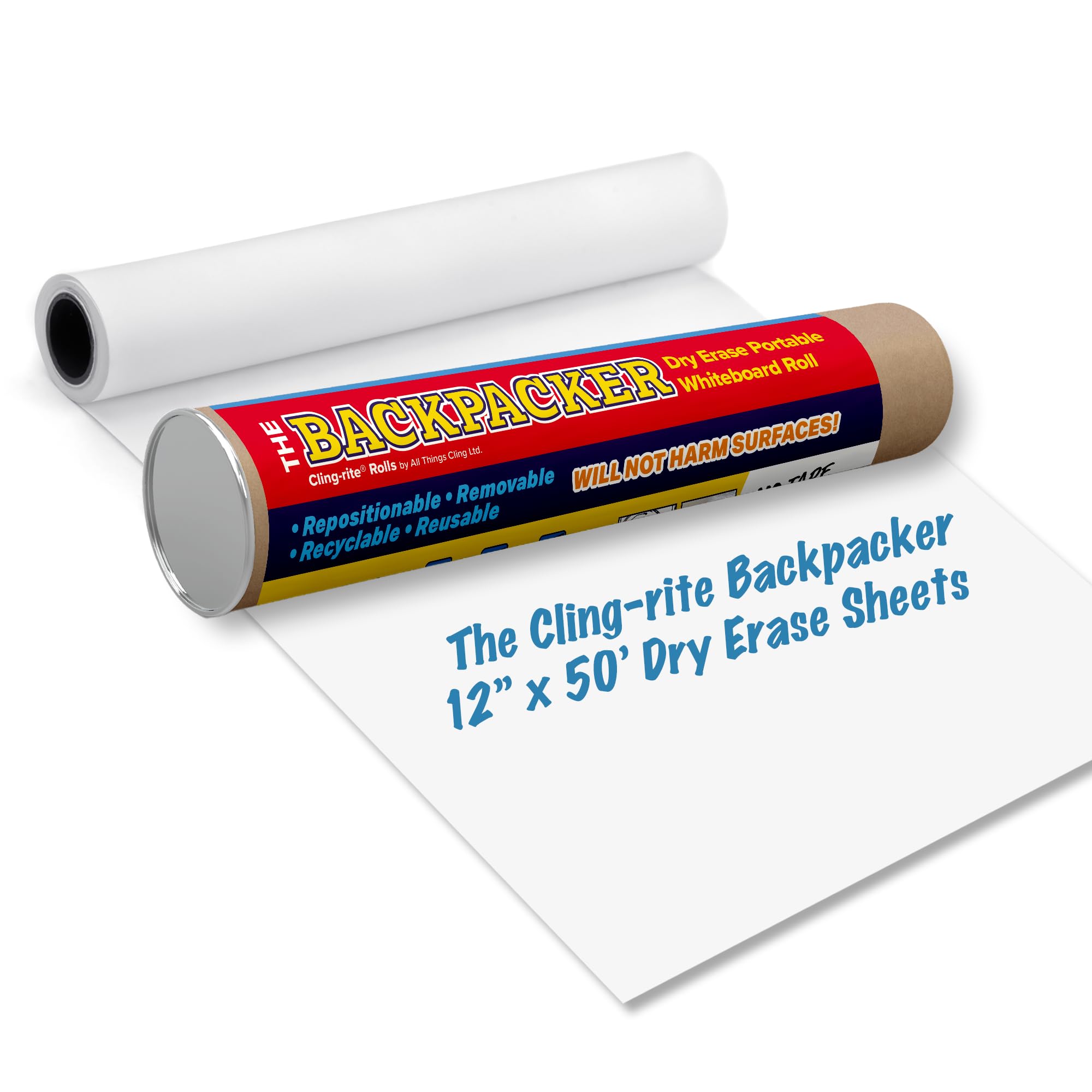 Backpacker Cling-rite Rolls Clingers Dry Erase Portable Whiteboard New Format - 12 in x 50 ft, Trim to Any Length - Reusable Surface for School