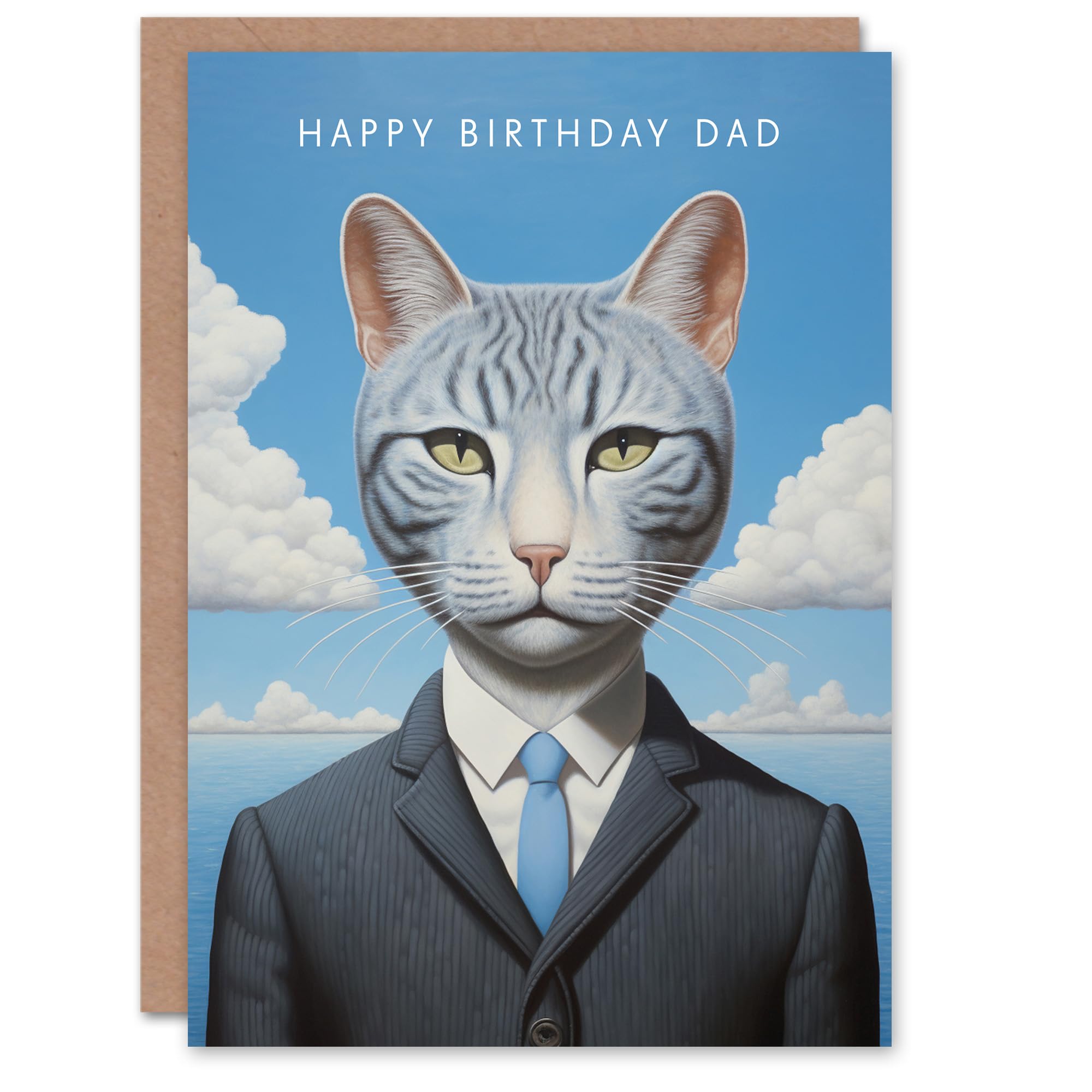 Artery8 Birthday Greeting Card Surreal Grey Suit Cat Lover For Dad Father