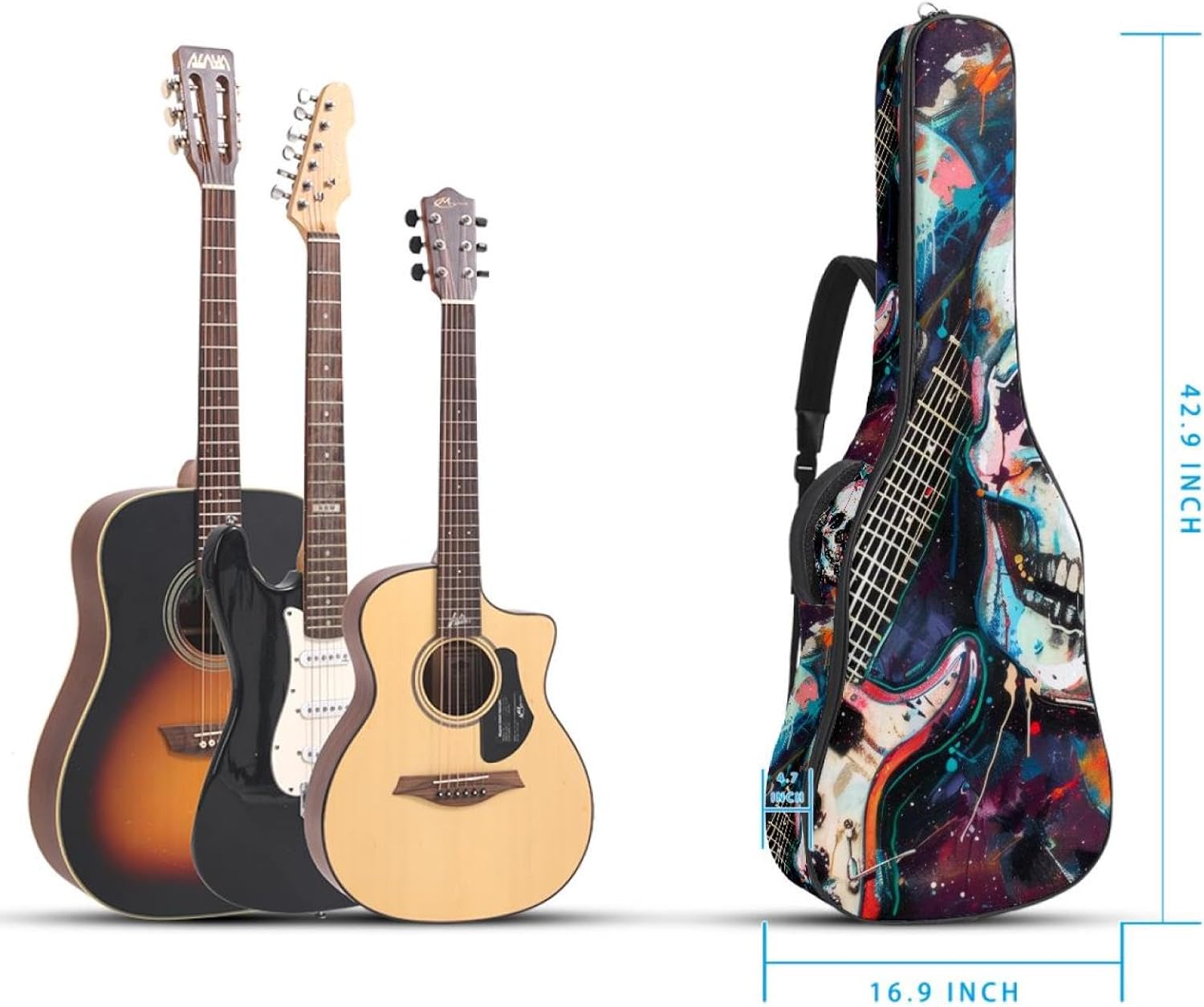 Acoustic Guitar Bag, 40 41 42 Inch Guitar Case Cover Soft Guitar Gig Bag for Acoustic Electric Bass Classical Guitar, Punk Rock Abstract Skulls Pins Guitars Rock Disk