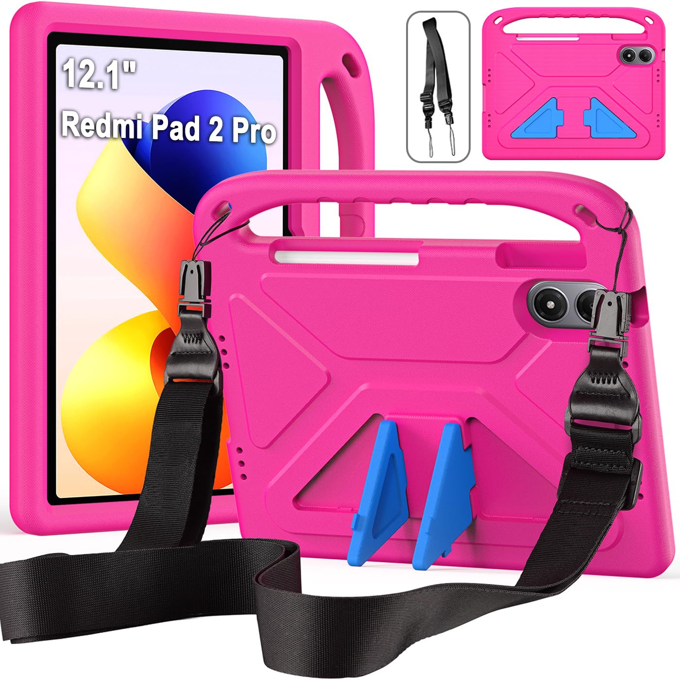 Funda Infantil para Redmi Pad 2 Pro 12.1 Pulgadas 2025, Carcasa Antigolpes con Asa y Correa para Redmi Pad 2 Pro, Magenta