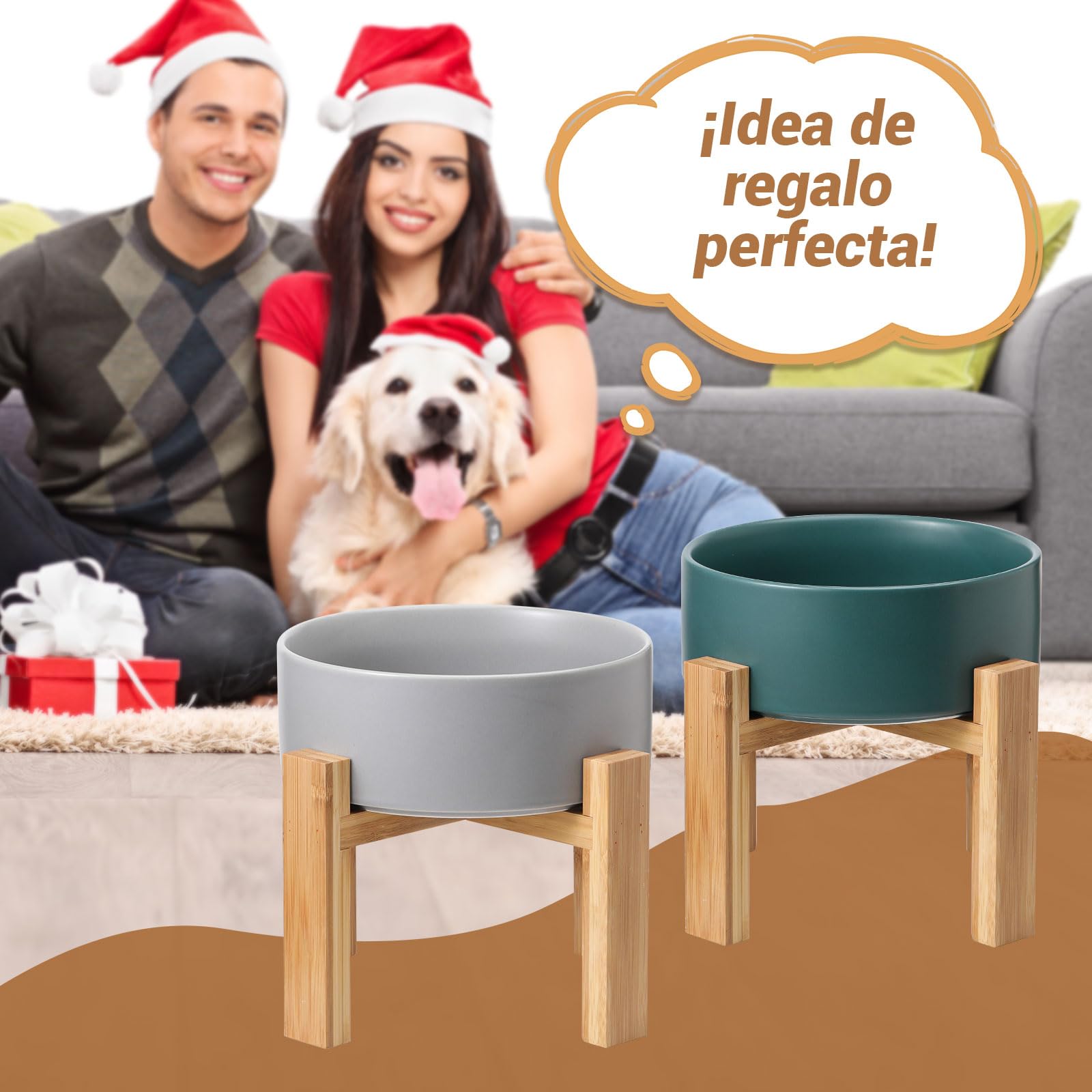 Comedero y Bebedero Perro Elevado - Comedero Perro Grande con Soporte de Bambú - Cuenco Ceramica Perro para Comida y Agua - Comederos Perros Grandes - Plato para Perro Alto - Bol Perro - 1800 ml