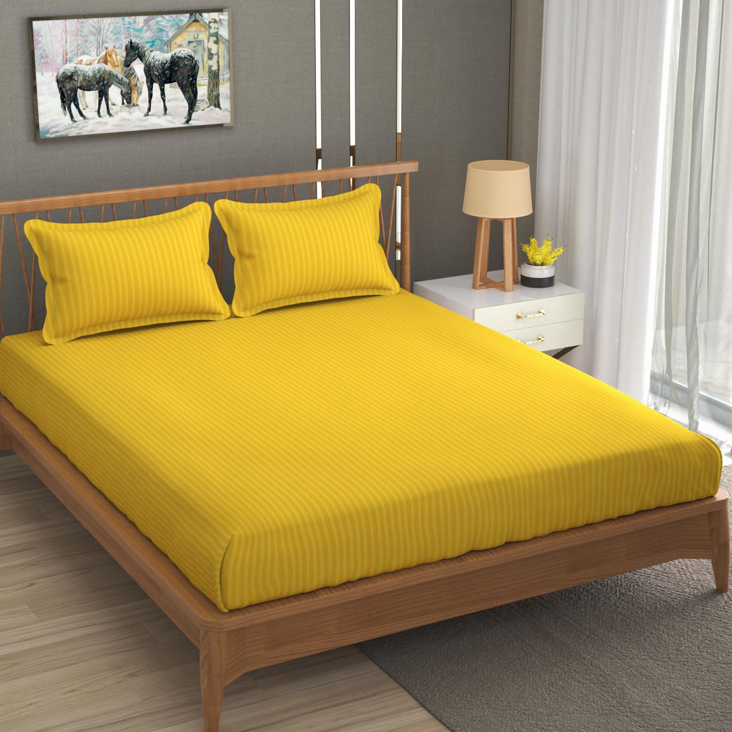 Homefab India 160 TC Stripe Cotton Feel Glace Cotton Elastic Fitted King Size Double Bed Bedsheet with 2 Pillow Covers Fits Upto 6 inches Mattress, Size-72X78 inches, Yellow