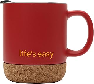 12 oz. Matte Black Coffee Mug. Ceramic Mug with Insulated Cork bottom. Comes with a push-on, splash-proof lid (Red)