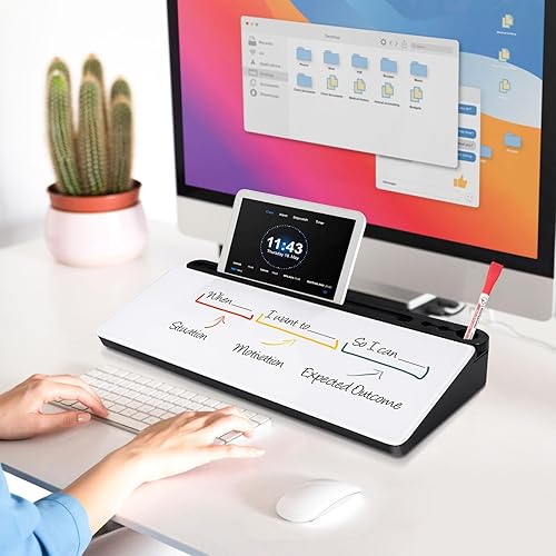 Miniatura 7 de DOLLAR BOSS Escritorio de cristal pizarra blanca pequeña pizarra blanca de escritorio con cajón de almacenamiento, soporte para teclado de