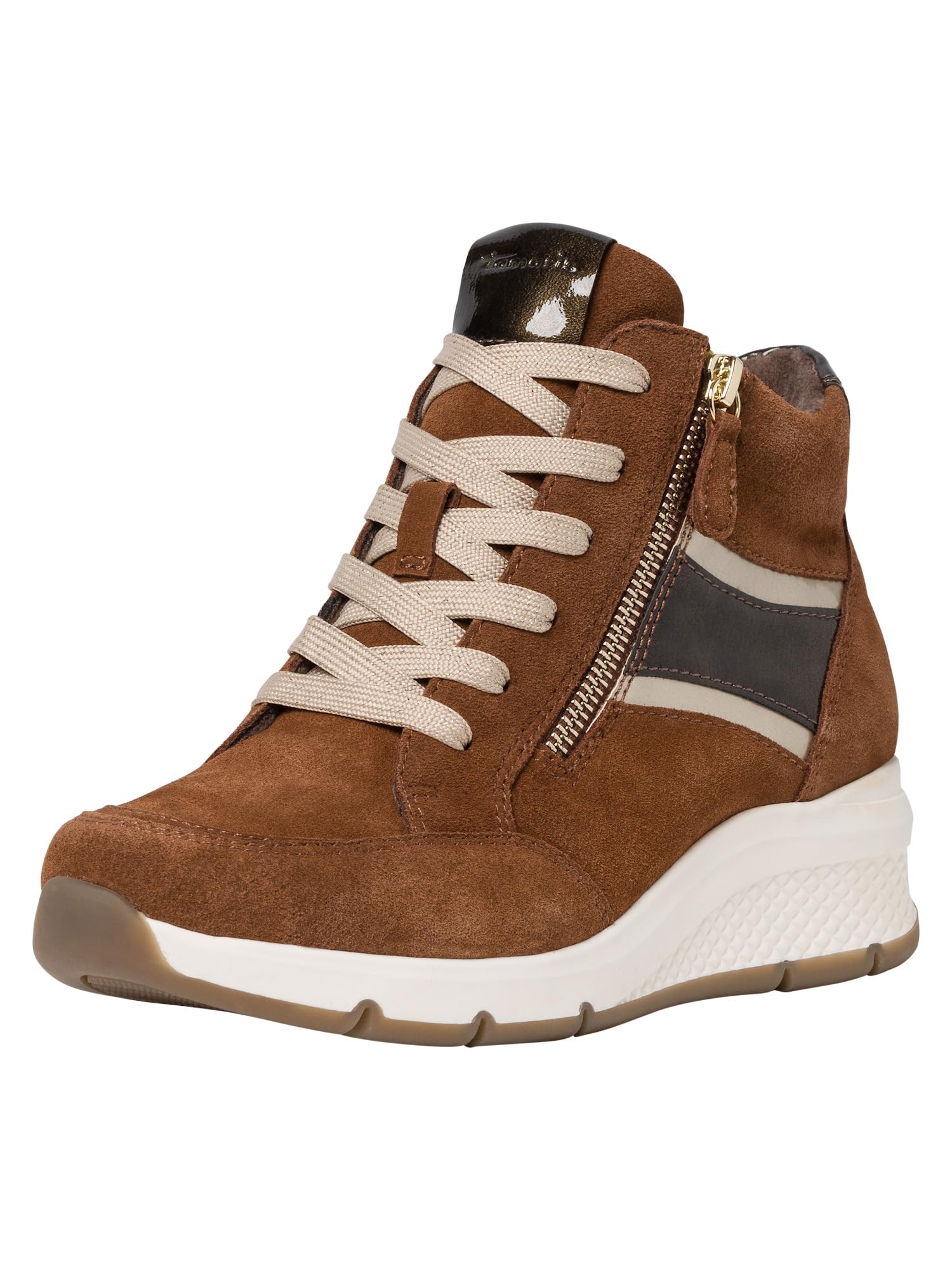 Tamaris Comfort Women’s High Sneakers Suede Wedge Heel Comfort Fit , Cognac Comb, 6,5 UK