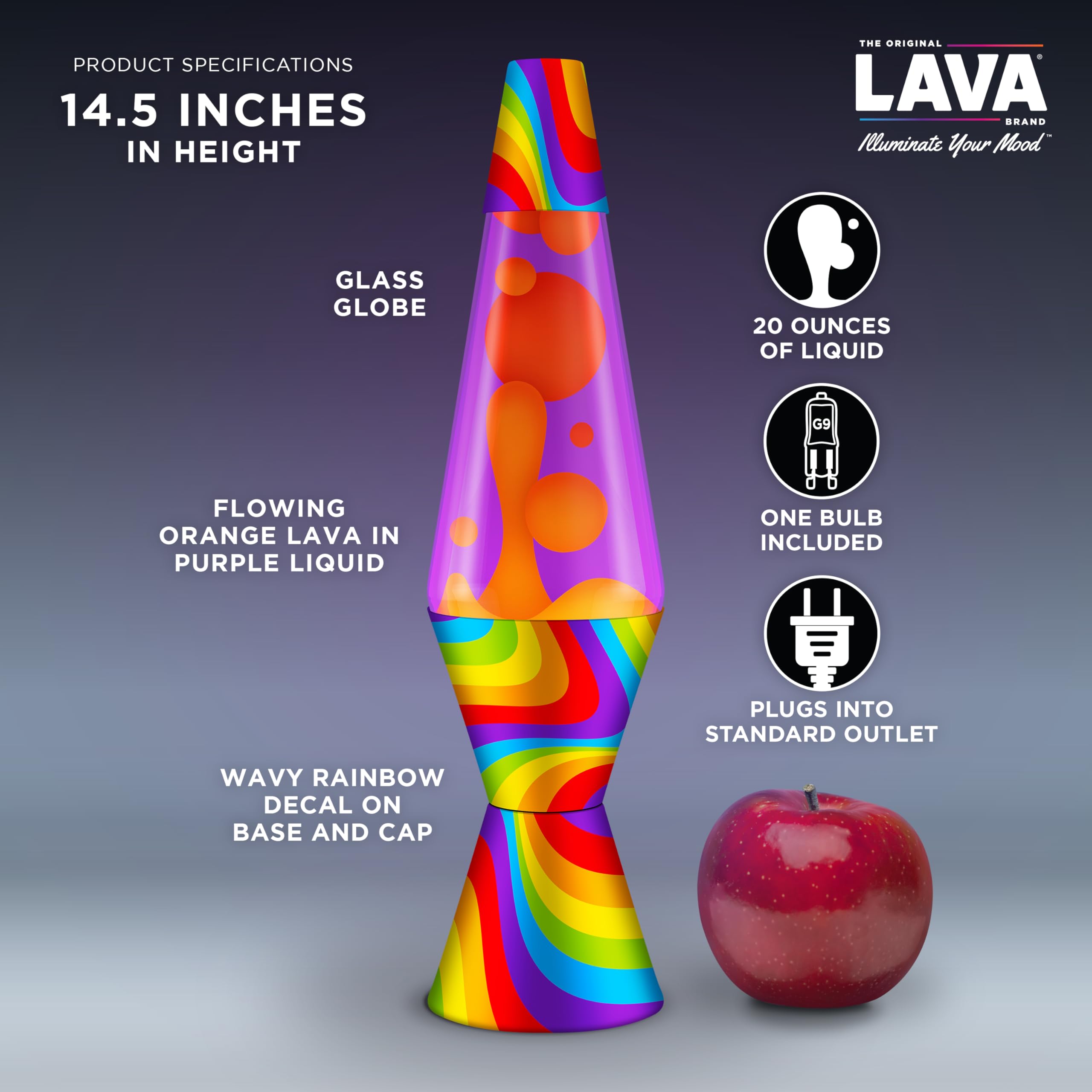 LAVA Lampe - 36.8 cm Fließende Farbe - Die Original Motion Lampe - Orange und Lila Flüssigkeit mit bedrucktem Sockel - Artikel #2090, Regenbogen - 1