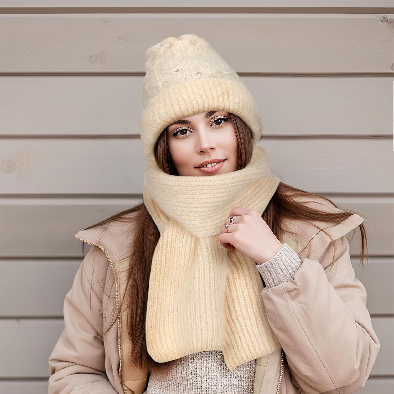 Shihanee 3 Pcs Hooded Scarf for Women Warm Winter Knitted Scarf Integrated Ear Protection Windproof Hat Elastic Knitting Thick Cap for Women - Image 4