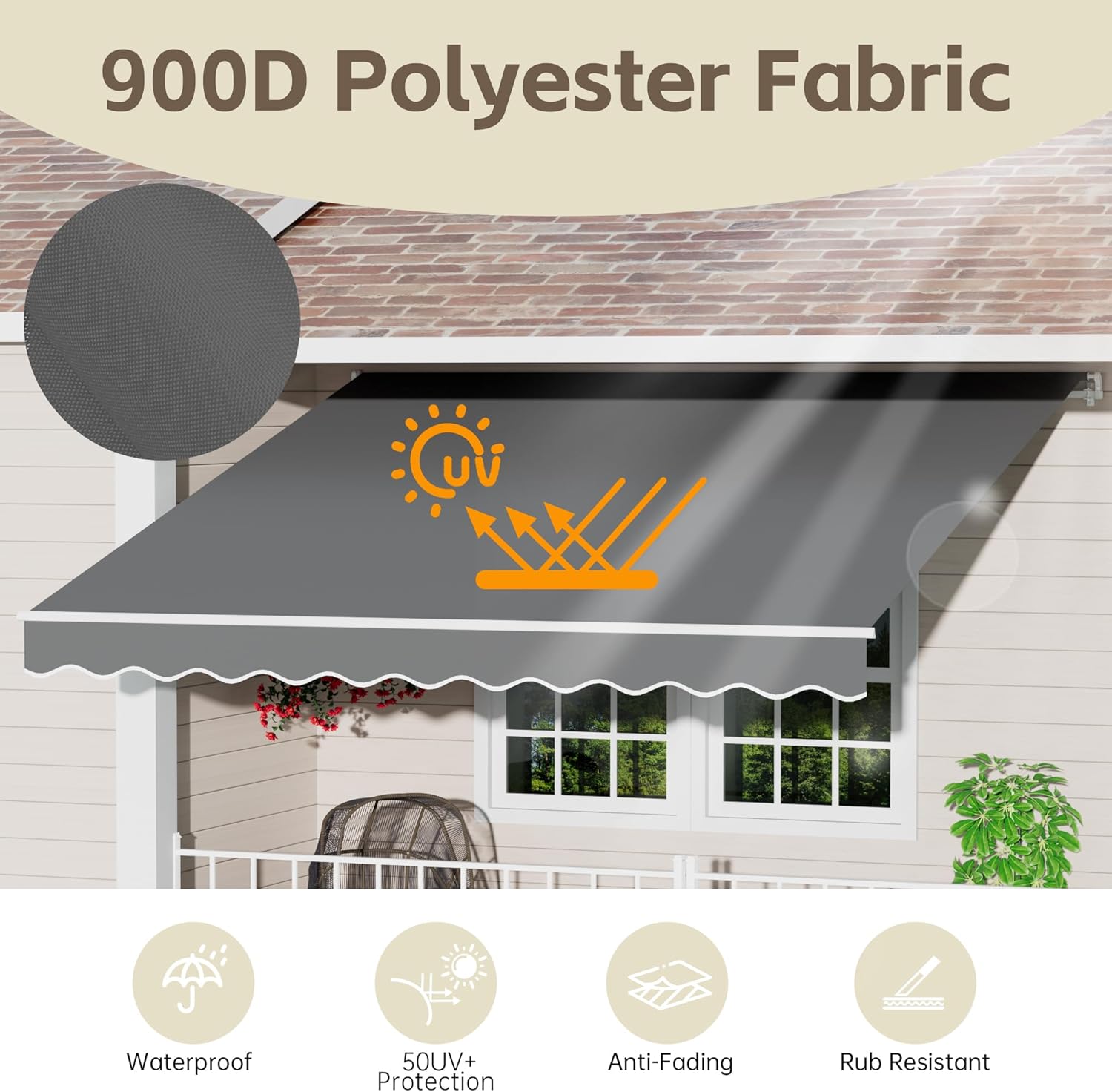 GDPFN 12x10FT Retractable Awning Replacement, 300g/m² Heavy-Duty Polyester Fabric Cover with Valance (Without Frame), Exterior Sunshade Canopy Cloth for Yard, Deck, Balcony, Grey