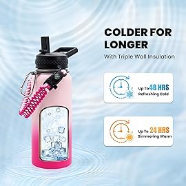 RAYMYLO Insulated Water Bottle 32 oz, Triple Wall Vacuum Stainless Steel (Cold for 48 Hrs), Leak Proof & Non-BPA, Modern Water Flask Jug with Paracord Handle & Straw Spout Lids, Ombre Pink