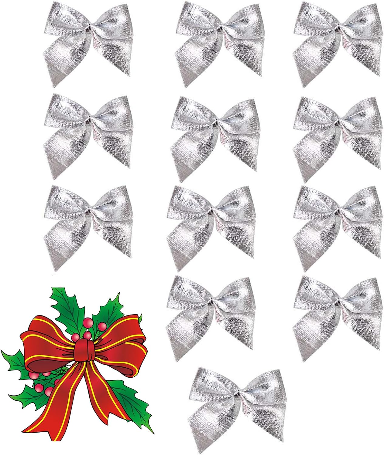 24 PCS Christmas Bows for Decorations, Silver Christmas Tree Bows Xmas