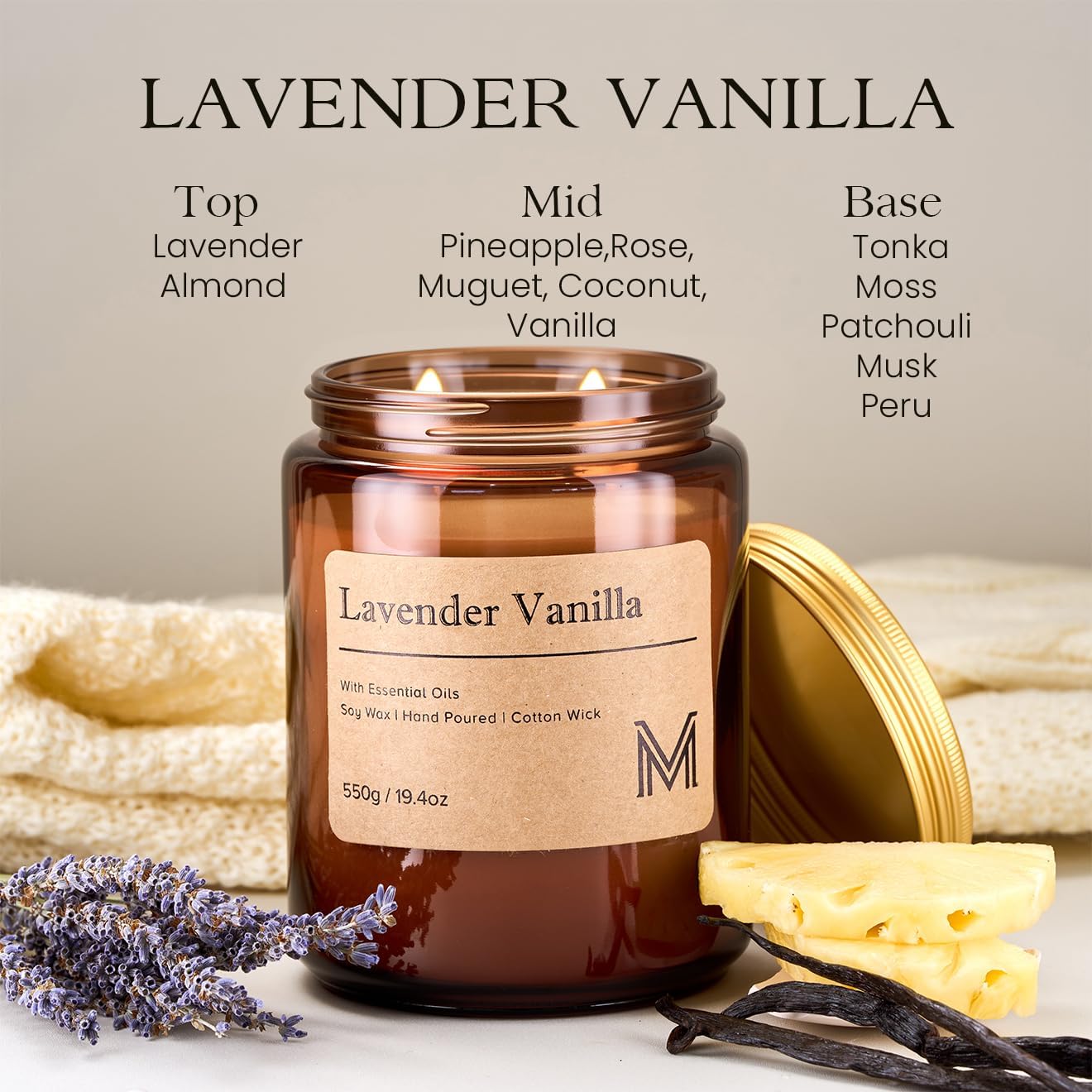 M&SENSE Lavender Vanilla Scented Large Candle, 19.4oz Aromatherapy Candle for Home Fragrance, Natural Organic Soy Wax Long-Lasting for Stress Relief, Yoga, Gifting for Birthday, Housewarming image 2
