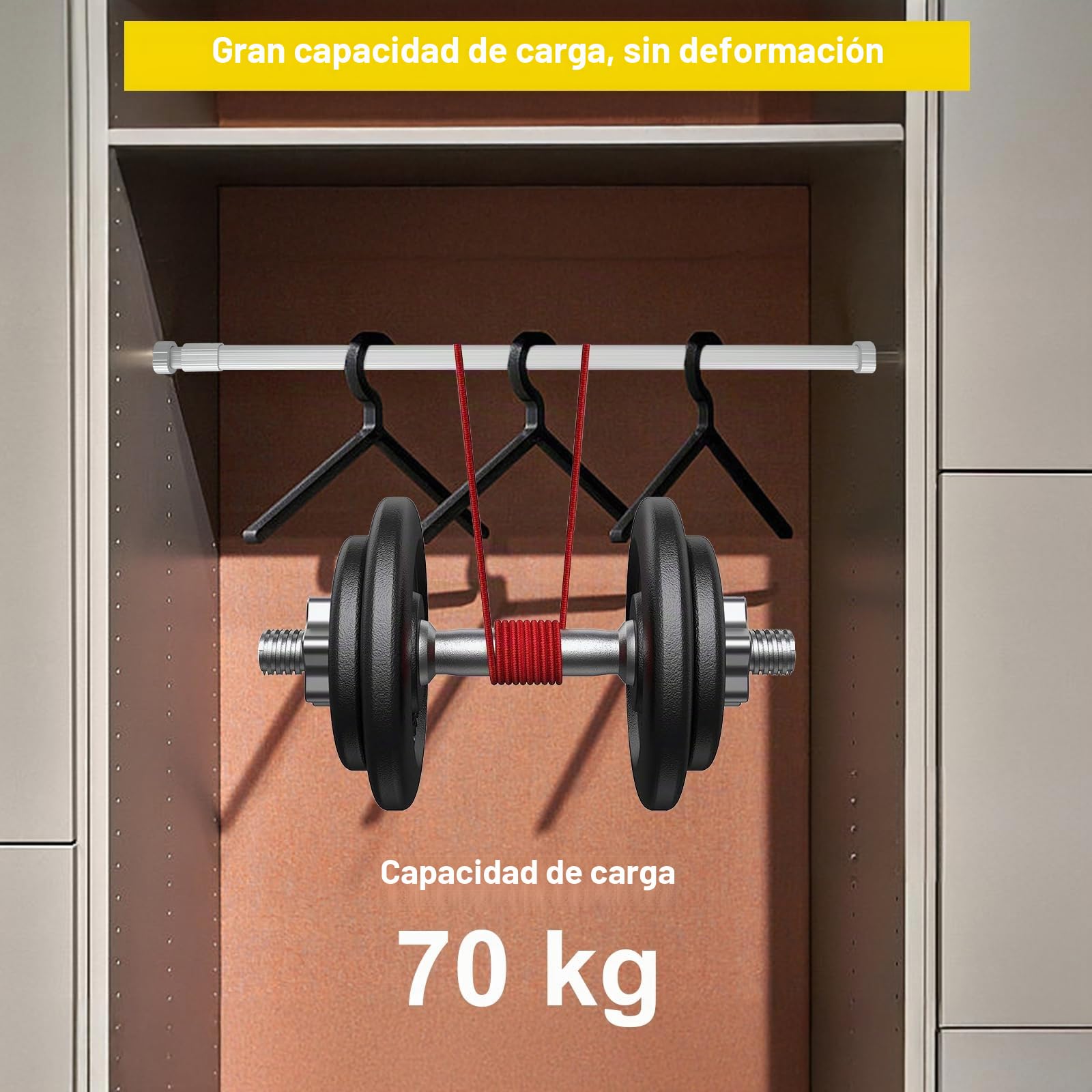 Barra Armario Extensible 70KG de Resistencia Barra para Colgar Ropa Grueso para Armario de Dormitorio Lavandería (Blanco, 42-65cm)