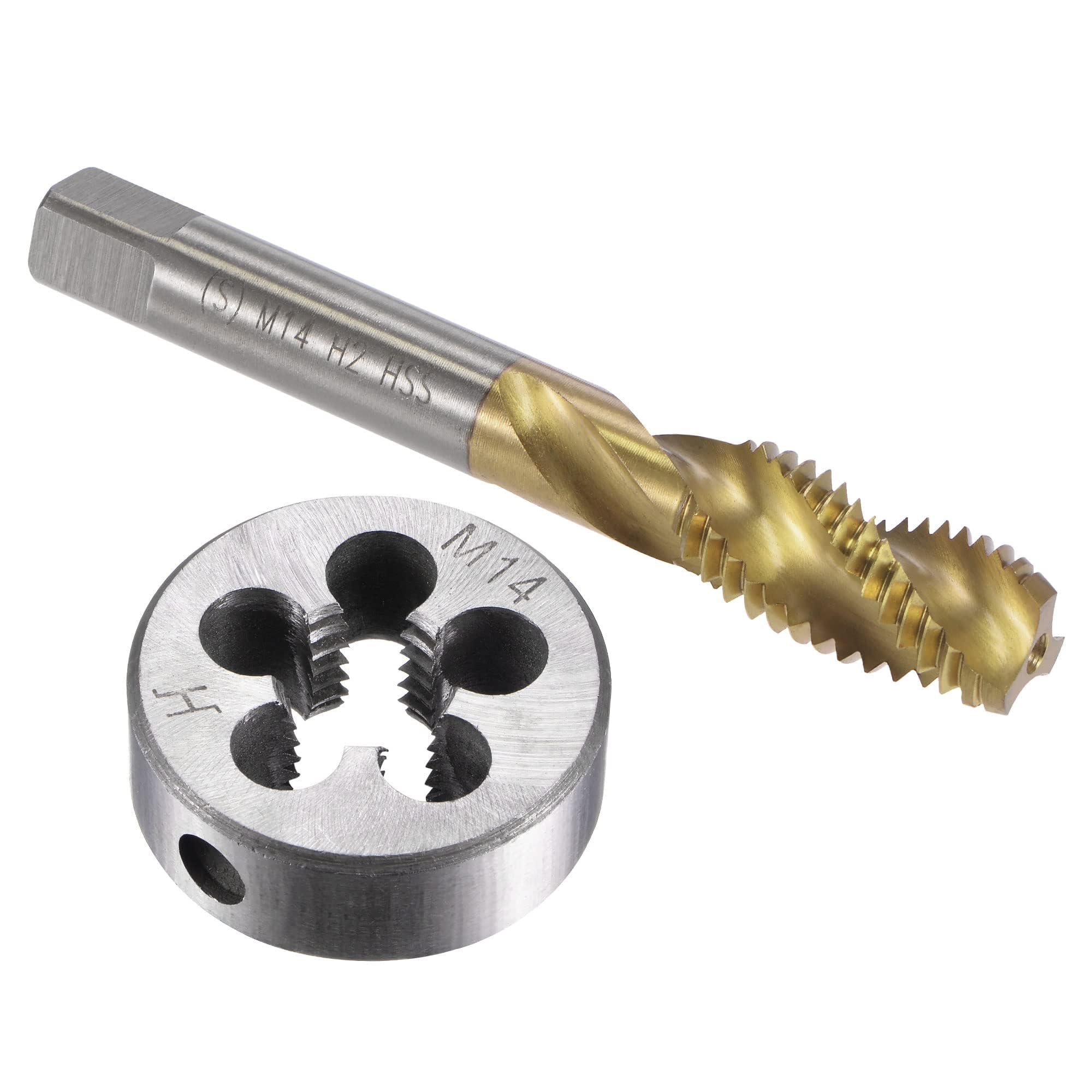TOP-VIGOR Tap and Die Set Metric M14 x 2, HSS (High Speed Steel) Titanium Plated Machine Spiral Flute Thread Screw Tap