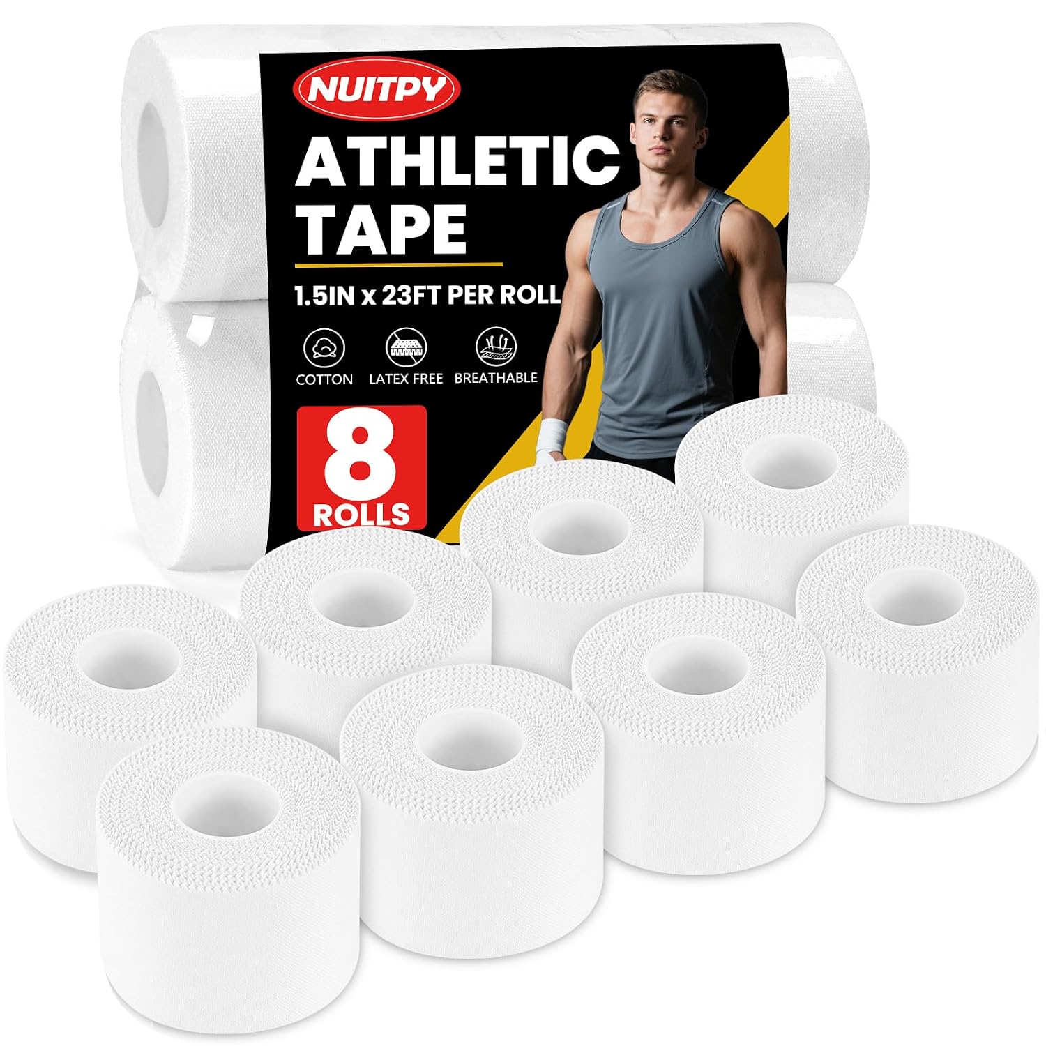 NUITPY 8 Pack Athletic Tape, White Sports Tape, Easy Tear Wrist Tape