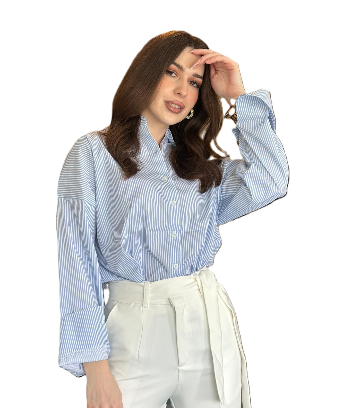 Shirt for Women | Casual Button Down Long Sleeve Blouse | Oversized Striped Loose Fit Cotton Top with Pocket | Trendy Collar Aesthetics & Streetwear Tunics(37-S-01-02)-picture-44