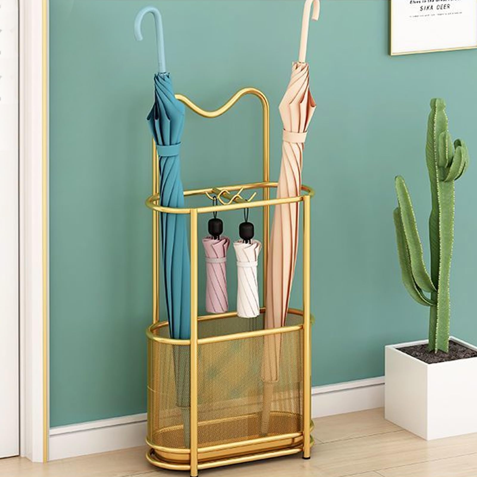 WQPMNYG Gold Metal Umbrella Stand with Drip Tray Freestanding Entryway Umbrella Holder Stylish Cane Storage Rackand Elegant Umbrellafor Home and Office