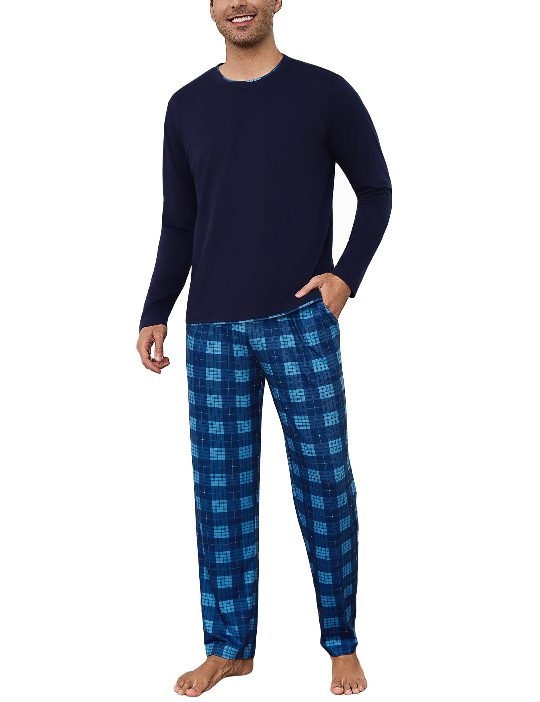 Litherday Pigiama Uomo Invernale Cotone Lungo Pajamas Due Pezzi Maniche Lunghe Pantaloni Lunghi Pigiami Morbido Loungewear con Tasche