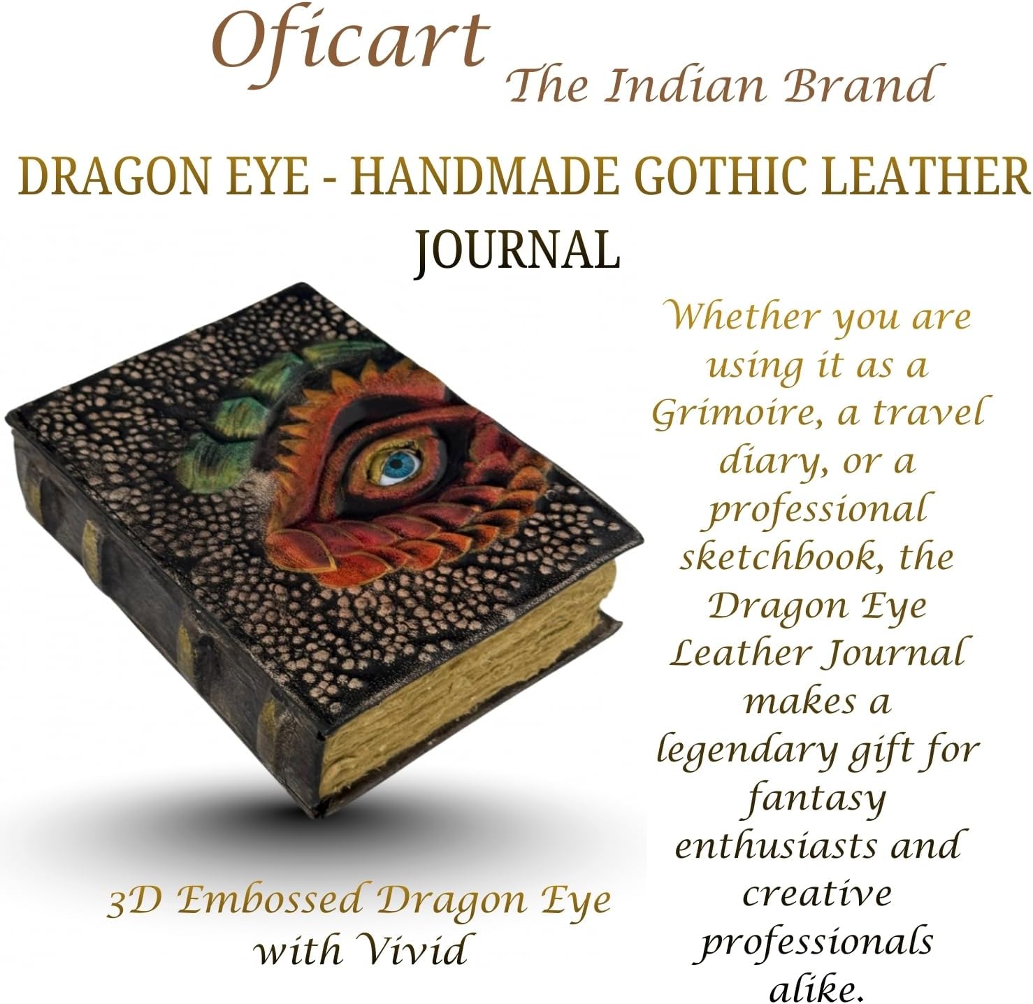 Oficart Handmade Journal – Vintage Leather Notebook with 200 Deckle Edge Pages with Rustic Leather Cover, Travel Diary, Sketchbook & Writing Notebook for Men & Women (Dragon Eye)