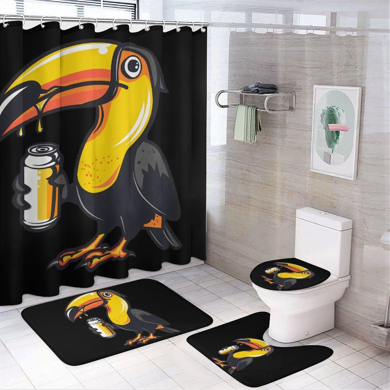 CGSBNGHA Toucan Beer Drinking Tropical Bird Shower Curtain Set 4 Piece Bathroom Sets with Rugs Toilet Lid Cover And U-Shaped Floor Mat