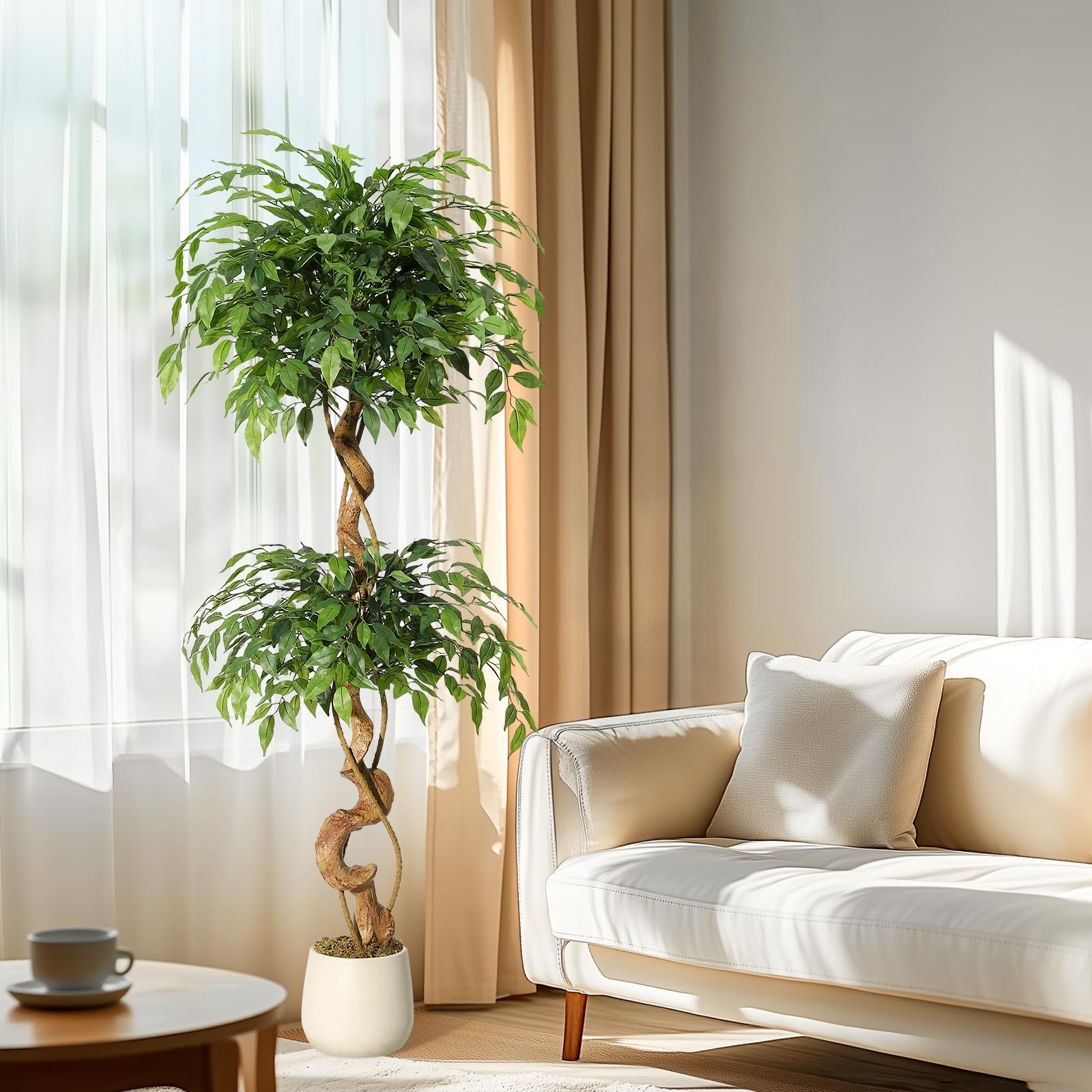 Garvee Higuera Artificial con Tronco Curvo 150 cm – Árbol de Seda Realista sin Mantenimiento con Maceta Blanca Moderna para Decoración de Interior y Exterior en Salón u Oficina
