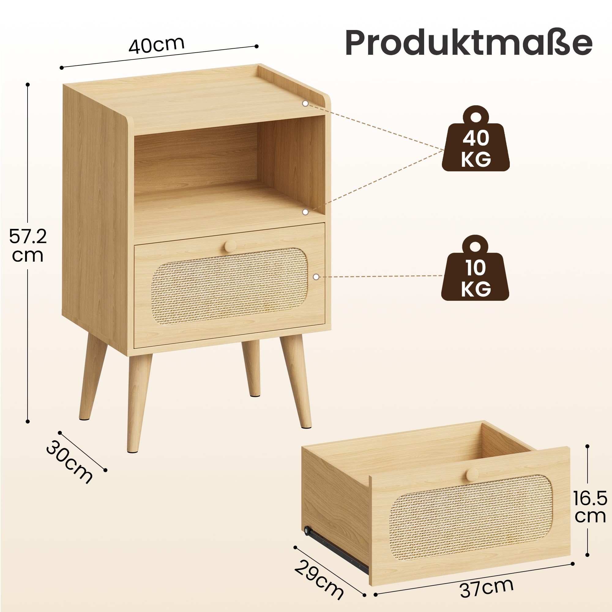 YOUDENOVA Nachttisch Holz 2er Set, Kleine Nachtschrank mit Schublade und offenem Fach, Beistelltisch Couchtisch für Wohnzimmer, Schlafzimmer, 40 x 30 x 57,5 cm Landhaus Boho Stil, Natur