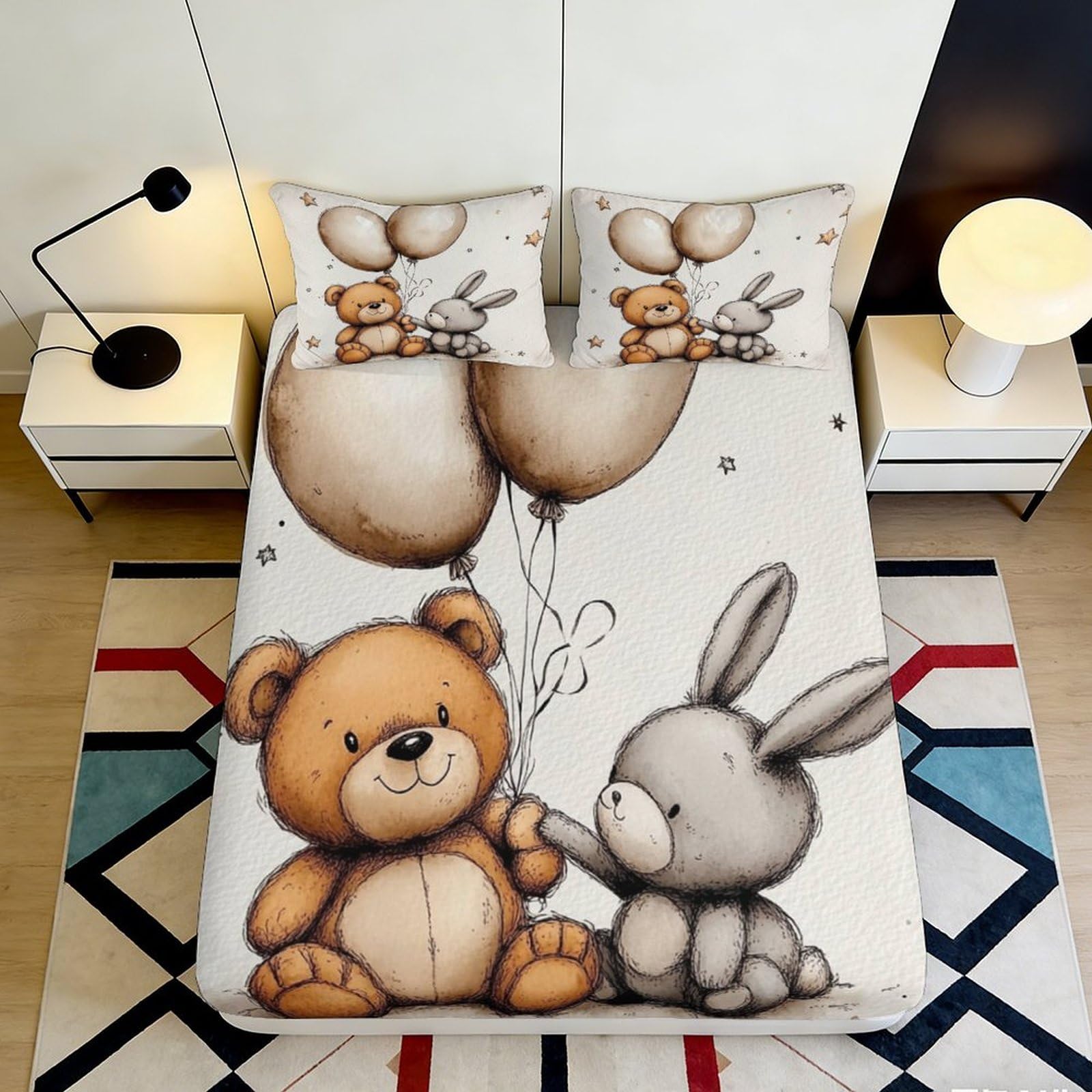 3D Printed Teddy Bear Balloon Fitted Sheet Microfiber Soft Anti-Slip Bunny Mattress Cover for Bedroom Guest Room Decor 90x200x25cm