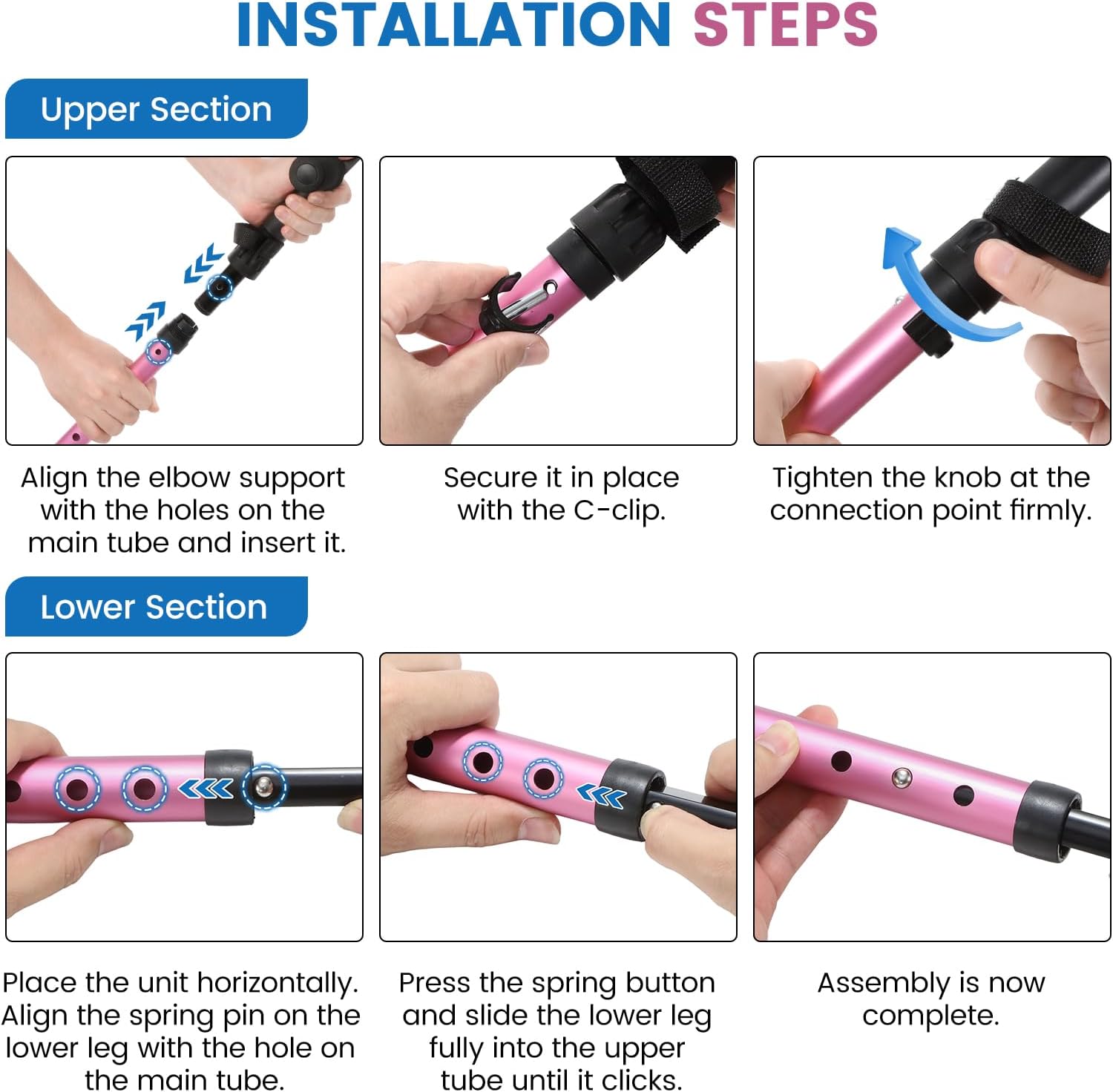 Ergonomic Forearm Crutches Spring Assist Crutches for Adults,Comfortable and Height Adjustable Arm Crutches Forearm with Anti-Slip Base,Walking Crutches with Cuffs, Not a Pair (Pink)