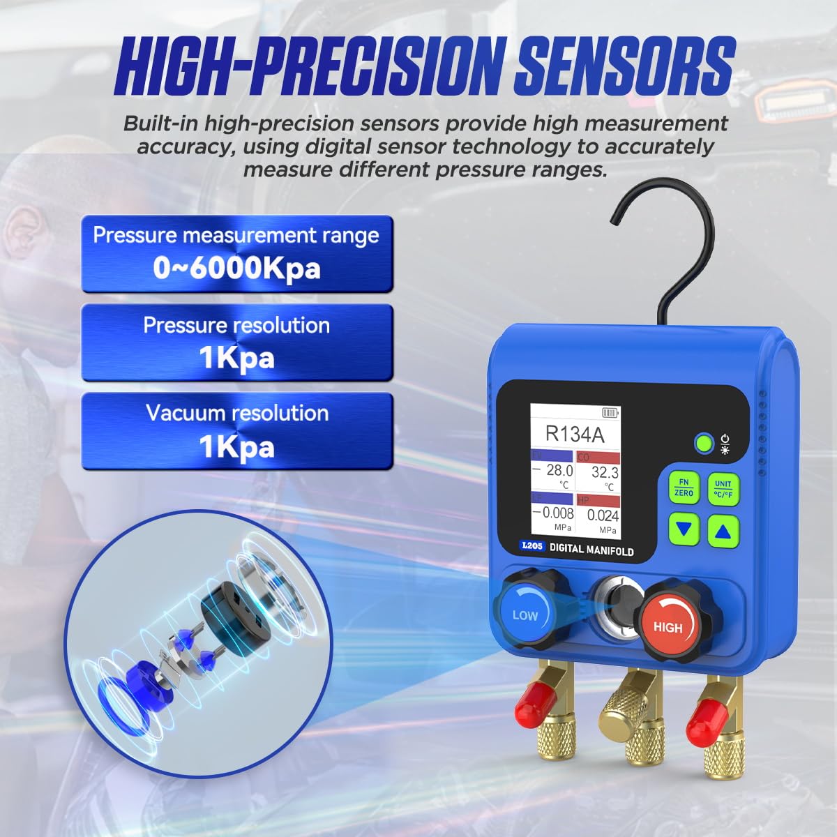 Refrigeration Digital Manifold HVAC Gauge Kit, Vacuum Pressure Temperature Leakage Tester Set for Testing Maintaining Air-Conditioner, Refrigerator - with Test Clip & Pipe (L205)
