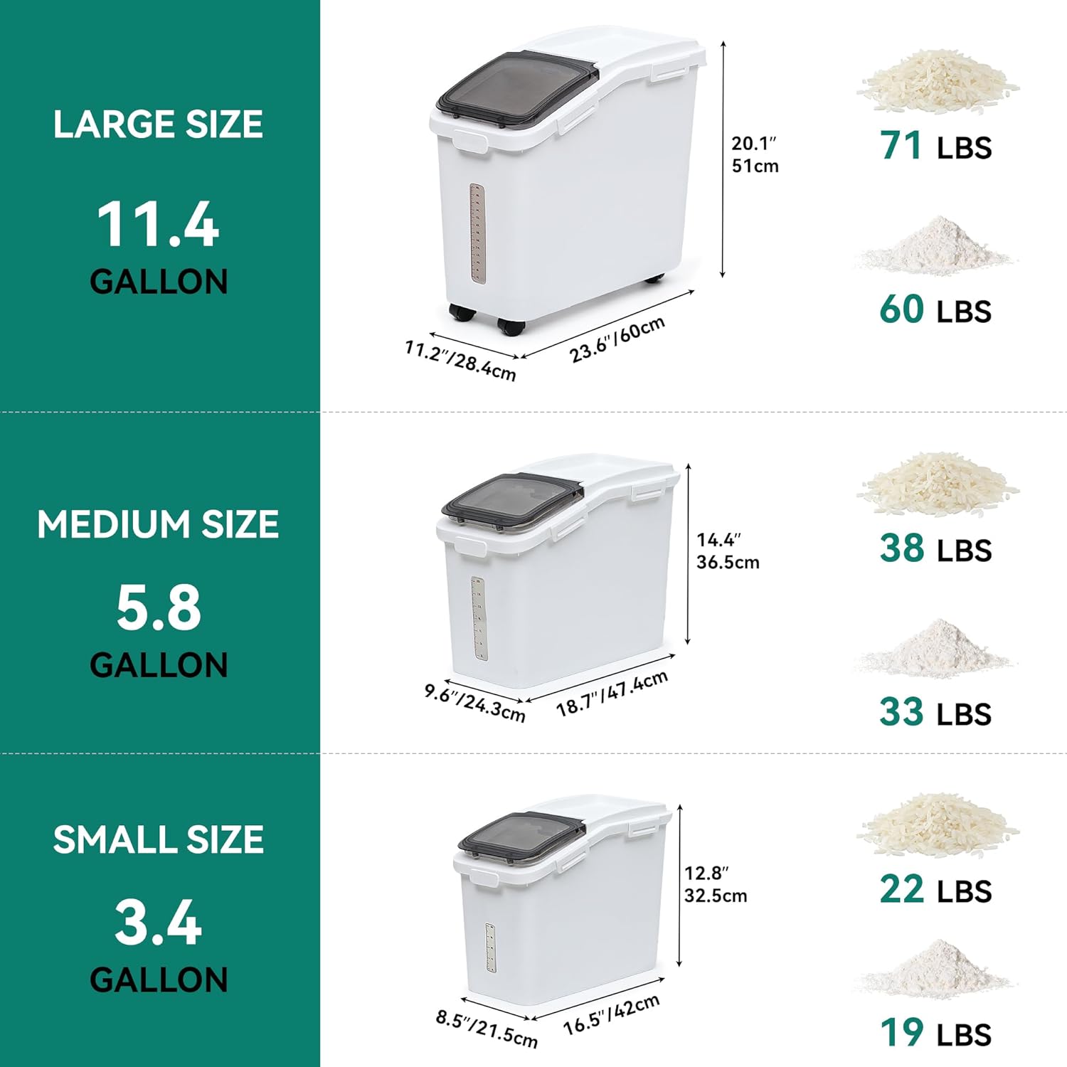 YITAHOME Ingredient Storage Bin, 20.6 Gal(11.4+5.8+3.4 Gal) Commercial Rice Flour Storage Container 500 Cups Storage Bins with Wheels Shelf-storage Bin with Scoop and Lid, Rice Bin for Kitchen, White