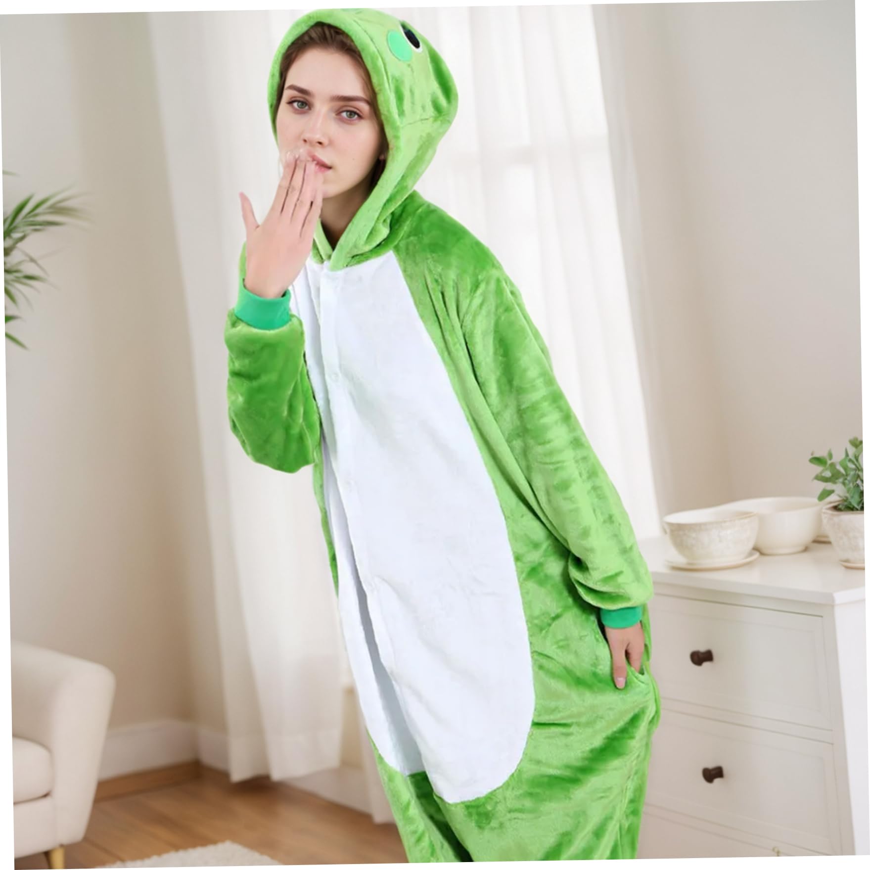 Combinaison Grenouille Mignonne et Douce Costume de Grenouille à Manches Longues Animal de Dessin animé Combinaison avec Yeux Ronds Chapeau Costumes Cosplay Confortables pour la Maison et la fête