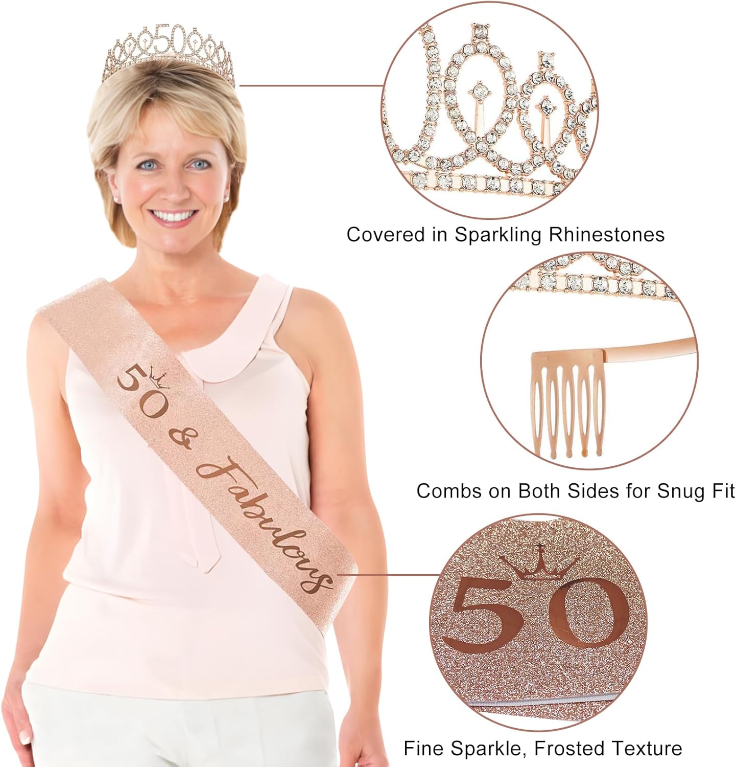 50th Birthday Decorations for Women, 33pcs 50th Birthday Crown and Sash, Black Rose Gold Happy 50th Birthday Banner Balloons Backdrop Hanging Swirls Paper Fans, 50 Years Old Birthday Decorations Kit