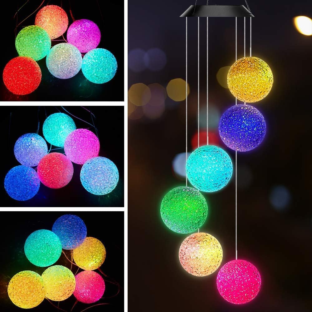 AceList Color Changing Solar Power Wind Chime Crystal Ball Wind Chime Wind Mobile Portable Waterproof Outdoor Windchime Light for Patio Yard Garden Home