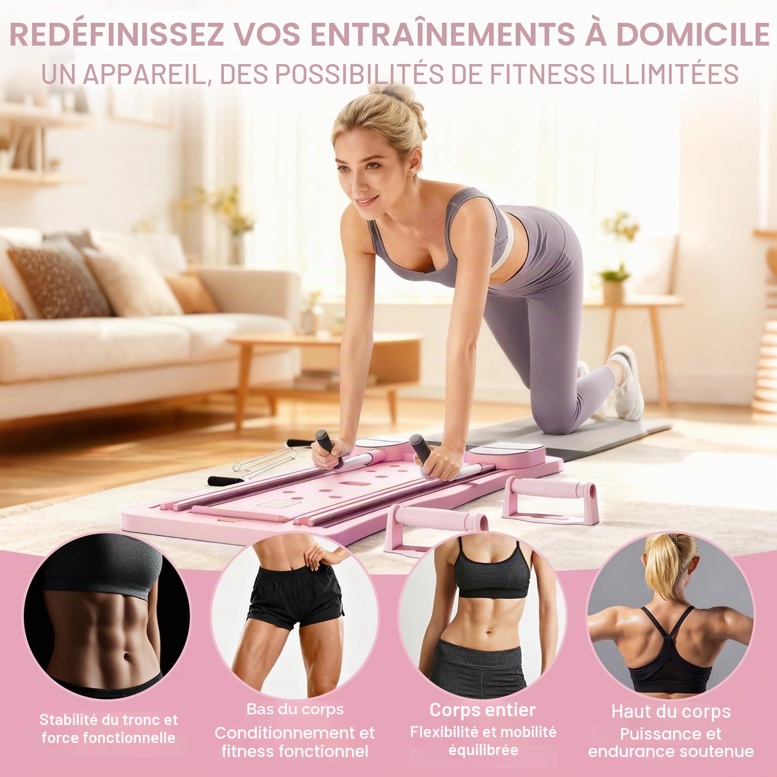 Roadtime Reformateur Pilates 6 en 1 Amélioré Pliable Ensemble et minuteur,Compact de Plateau Pilates pour la Protection des Genoux et Entraîneur Multifonctionnel,Planche Abdominale avec Rebond Rose