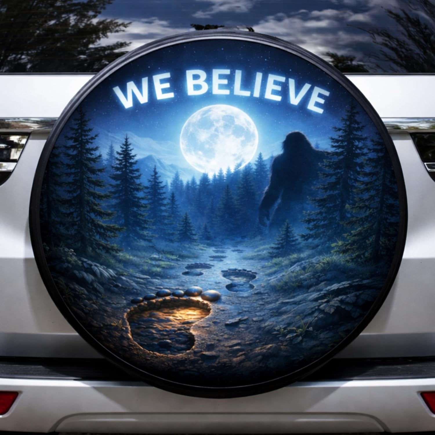 ThangPham Shop Bigfoot We Believe Spare Tire Cover with/Without Backup Camera Hole, Sasquatch Night Forest Full Moon Tire Cover