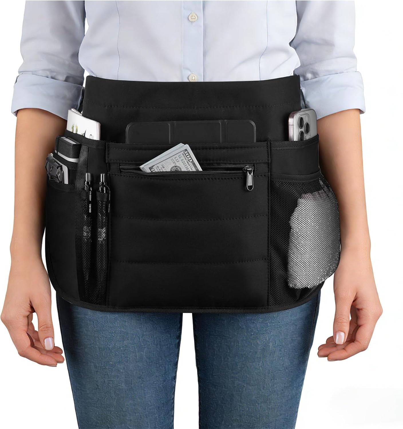 Waitress Server Apron with Multiple Pockets, Oil & Waterproof Waiter Apron for Waiter Waitress, Restaurant, Bistro, Kitchen - Black