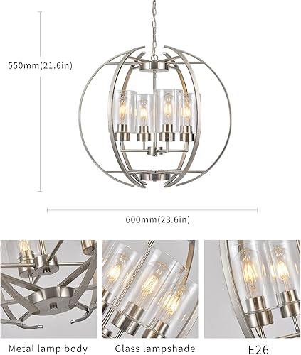 Miniatura 2 de Candelabro de globo de níquel cepillado para comedor, accesorios de iluminación colgante de techo con pantallas de vidrio transparente de 24