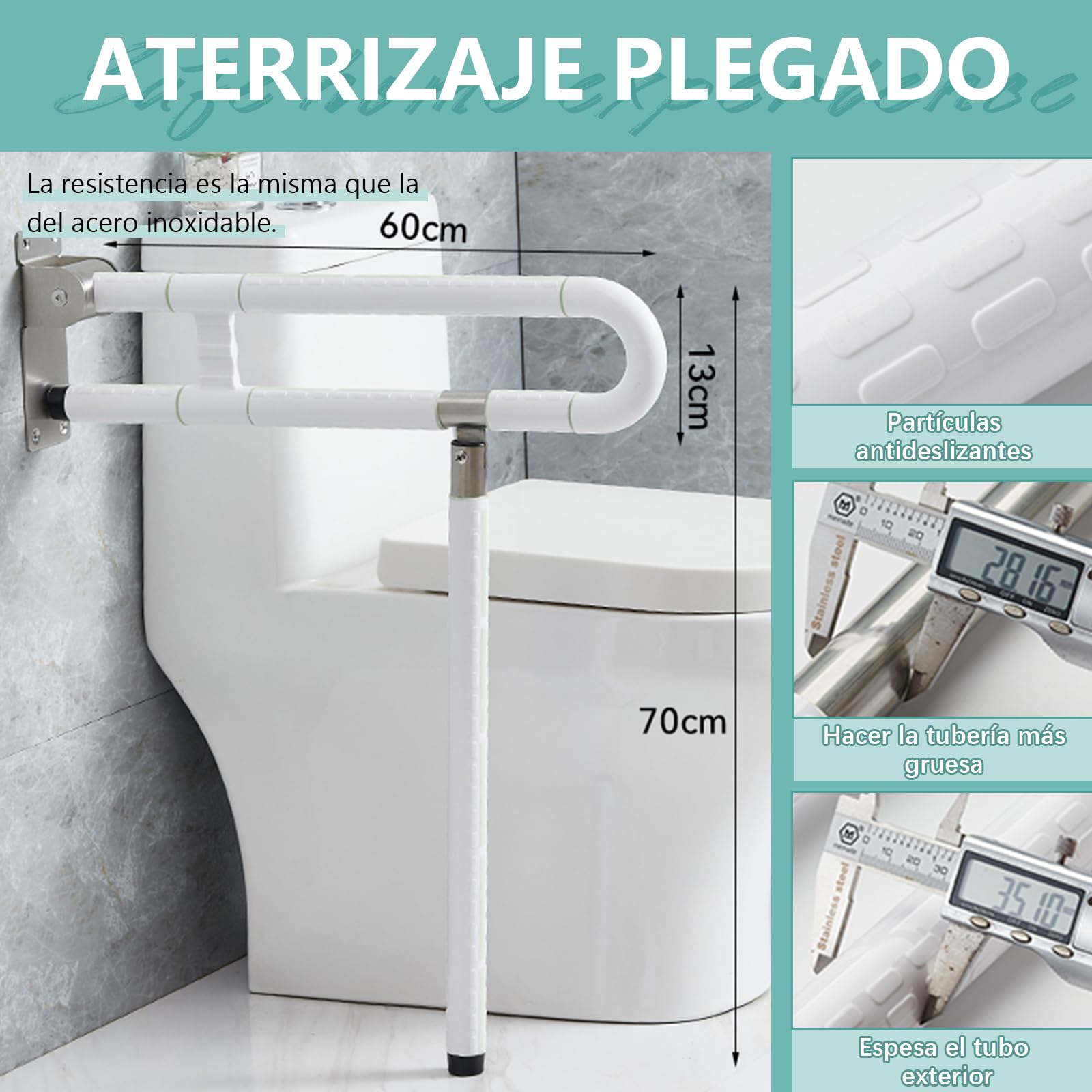 Pasamanos para el cuidado del inodoro, pasamanos de baño, antideslizantes, antiinclinación, sin electricidad estática, mango luminoso, rodamiento de 300 kg (Blanco, 60cm con patas)