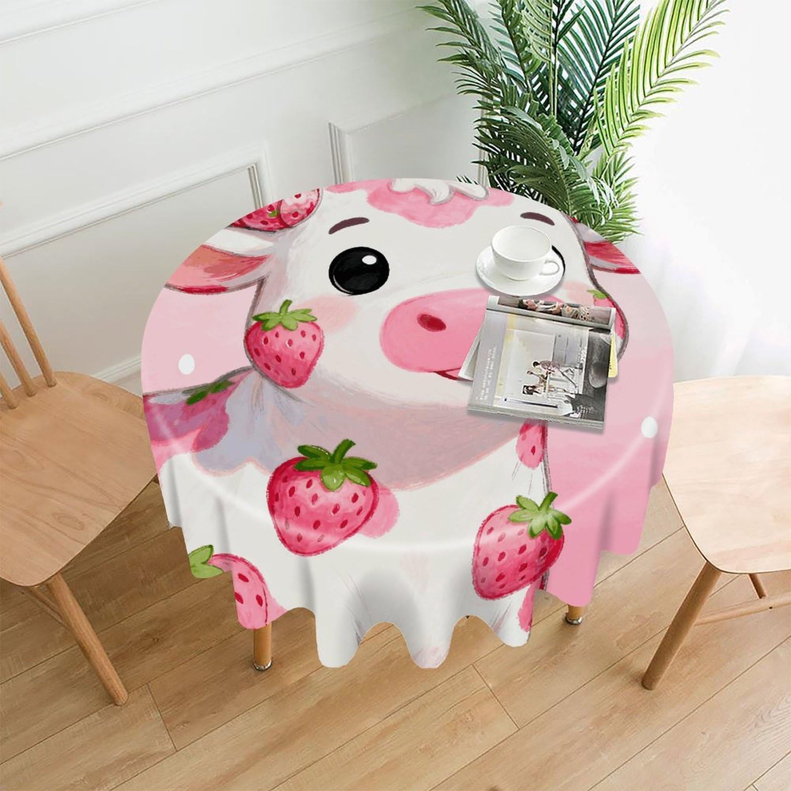 VstaDank Strawberry-Flavored Cute Cow Table Cloth Fashions Washable Round Tablecloth Decorative Table Cover Comfortable Straight Edge Tablecover for Dining Kitchen Party Outdoor 60 Inch