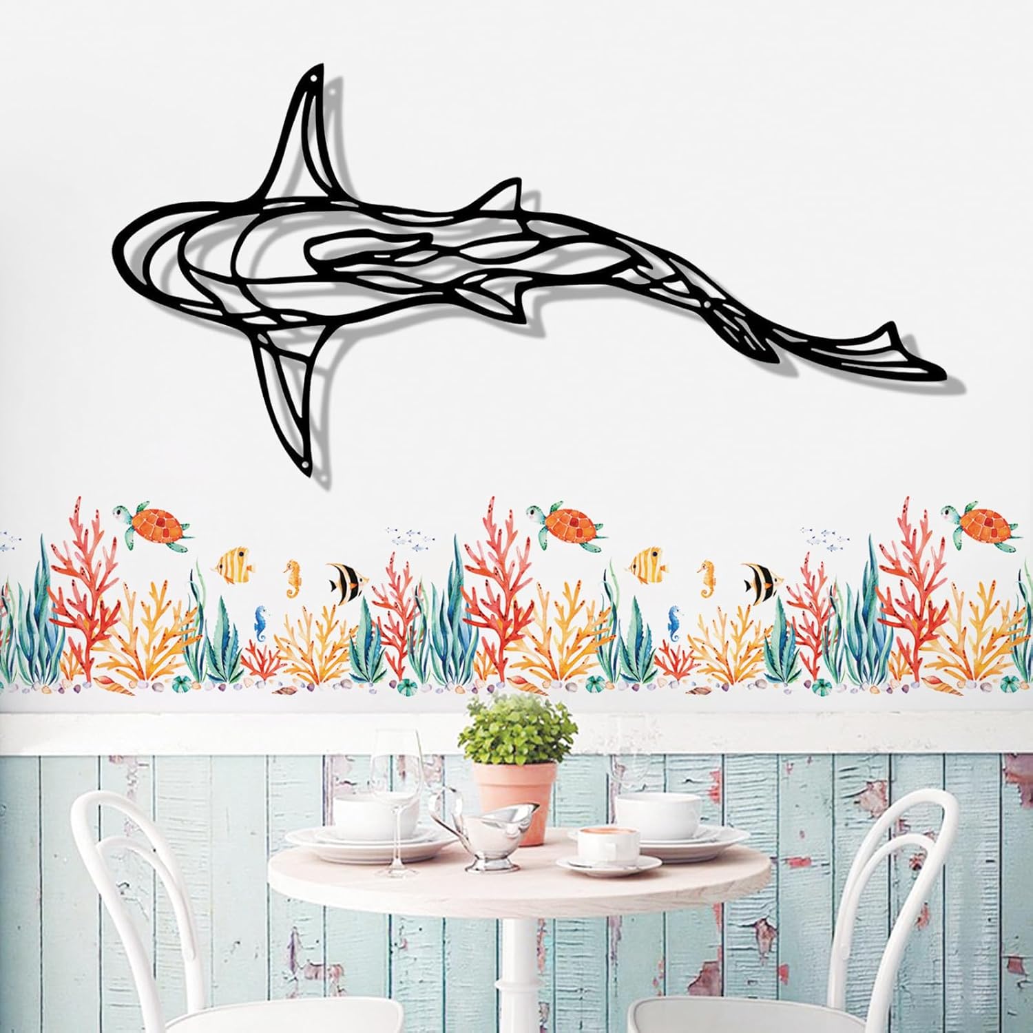 Metal Shark Wall Decoration,Large Black Shark Wall Decor,Shark Line Wall Art Decor,Shark Modern Design Wall Decor,Fish Bathroom Wall Hanging for Home Decor,Living room,Kitchen,Gift