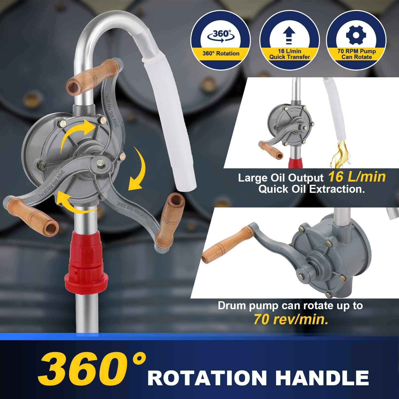 DASBET Pompe à baril d'huile en aluminium rotative à manivelle - Pompe à tambour manuelle - Pompe de transfert de carburant à manivelle - Convient pour fûts de 5 à 190 litres - Pour transfert de