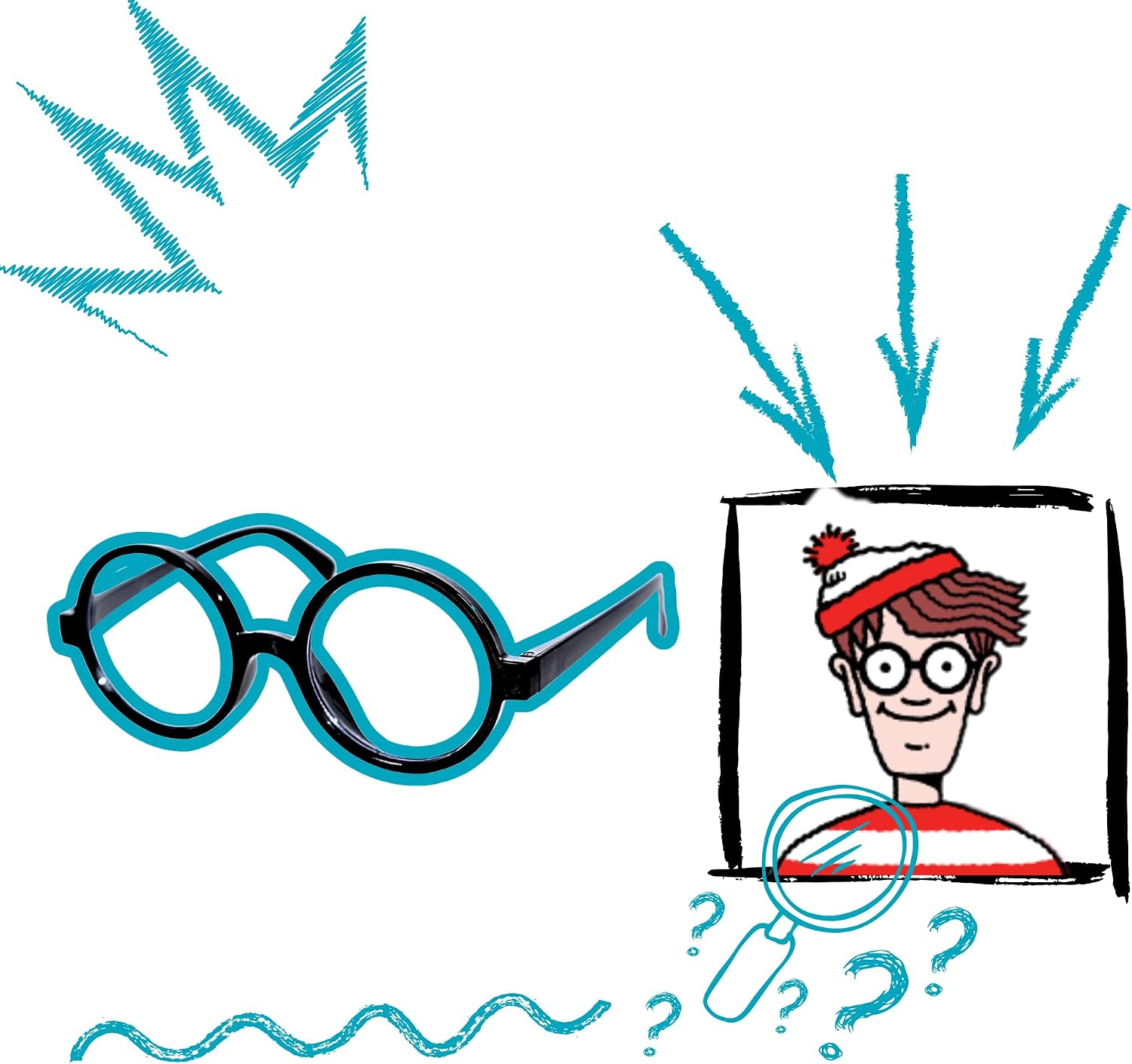 Wheres Waldo Costume Round Glasses for Men & Women - Fake Nerd Glasses Novelty Costume - Black Circle Cosplay Round Eyeglasses Disguise for Harry Potter, Minion, Scientist Character Outfit Accessory