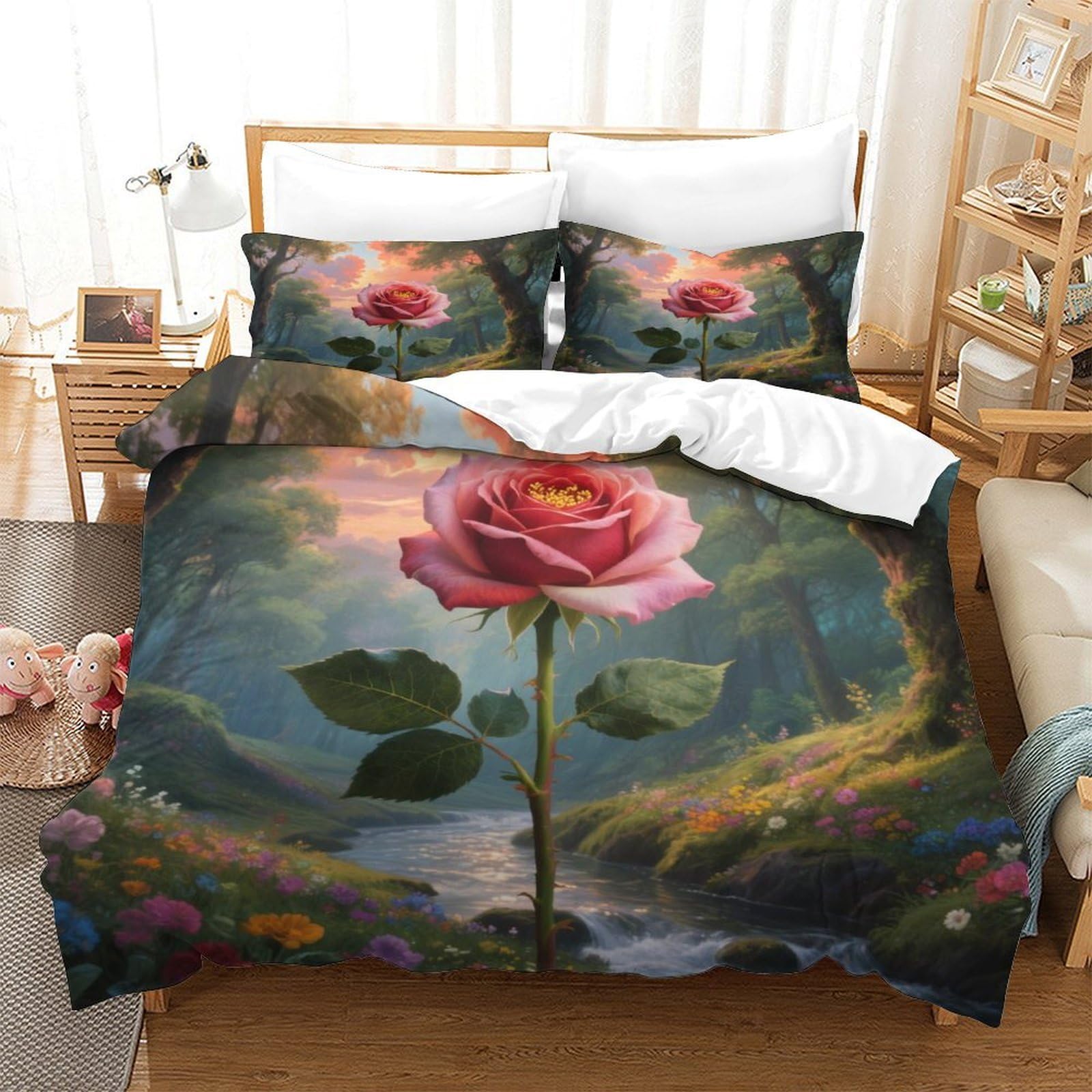 Housse de couette rose 3D parure lit microfibre zippée pour en finir avec la couette qui glisse