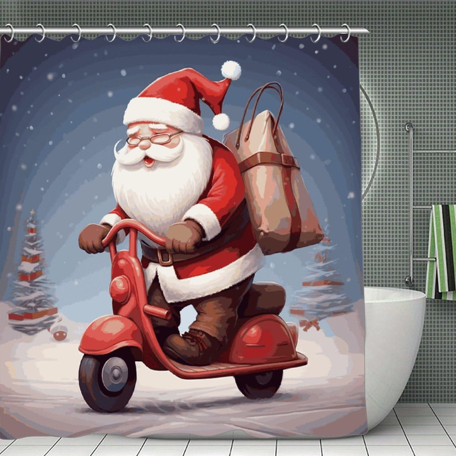 FekiLoot Santa Claus on Scooter Shower Curtain Minimalist Thick Bathroom Curtain Washable Modern Bathroom Shower Curtain Heavy Duty Waterproof Cloth Bath Curtain with Hooks 70.8"x70.8"