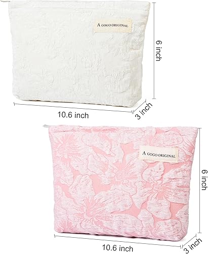 Miniatura 3 de Bolsa de maquillaje grande de 2 piezas, bolsa de cosméticos floral, color rosa y blanco, de lona, bolsa de aseo de viaje, organizador de brochas de