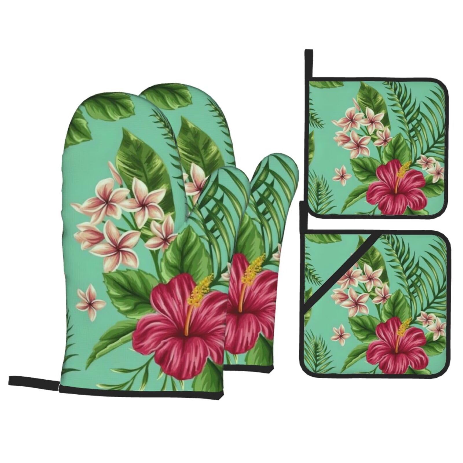 Hawaiian Tropical Leaves Flowers Print Kitchen Oven Mitts And Pot Holders Set,Hanging Loop Design For Cooking Baking Bbq