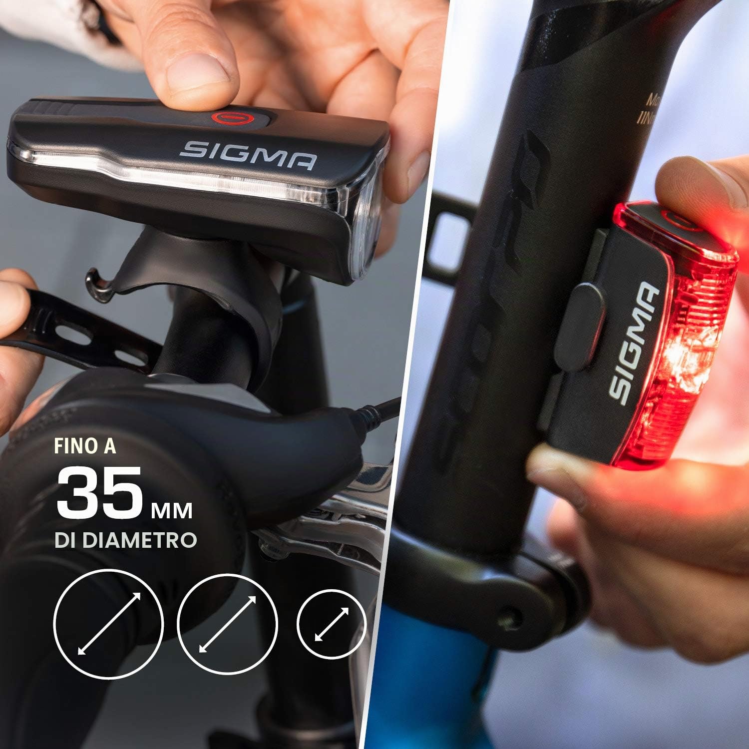 SIGMA AURA 60 LED e INFINITY set di luci per bicicletta | Luce anteriore e posteriore ricaricabile | Set di luci per bicicletta a prova di spruzzi d'acqua