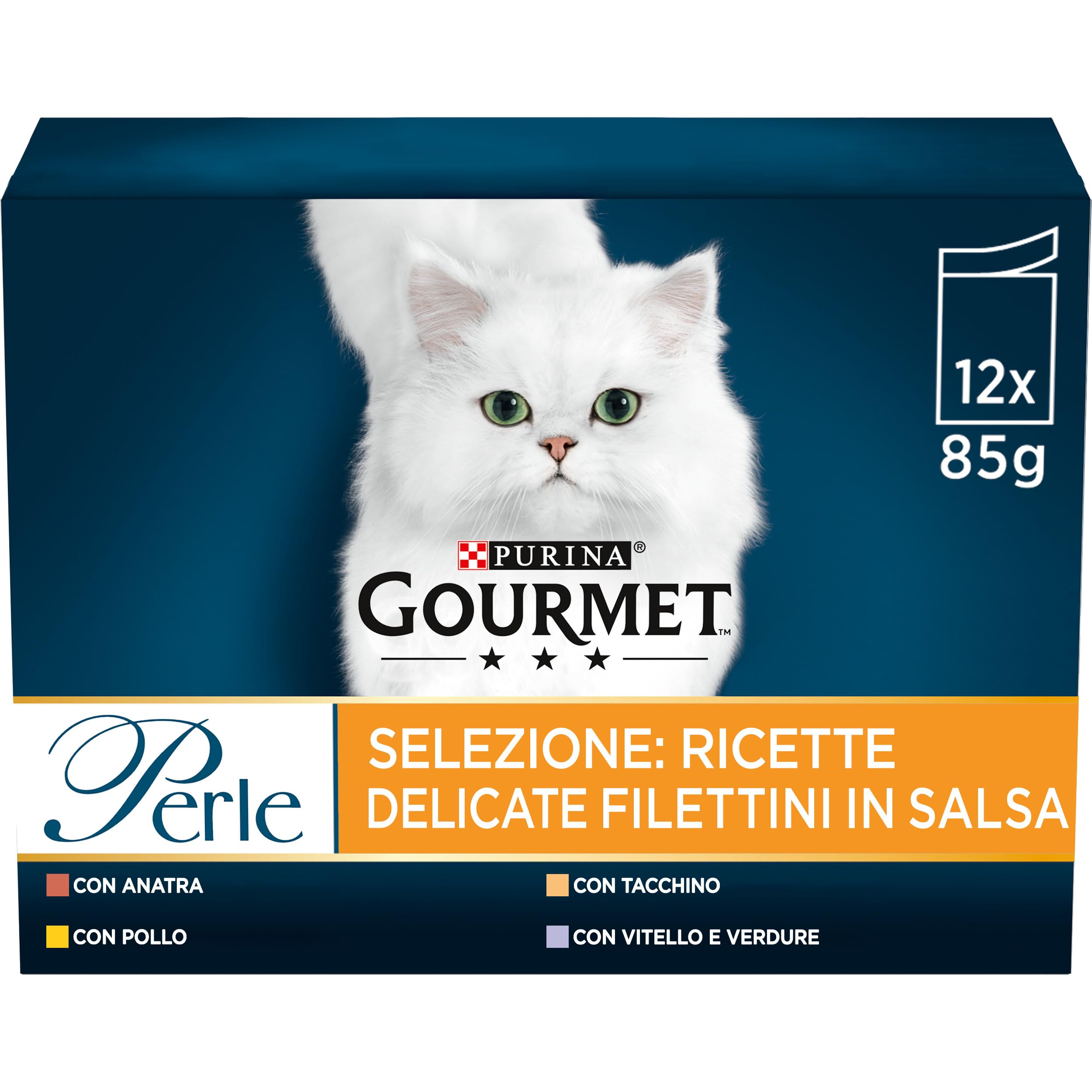Gourmet Perlas húmedas para Gatos en Salsa con Pollo, Pato, Pavos, Ternera con Verduras, 72 Bolsas de 85 g Cada una (6 Paquetes de 12 x 85 g)